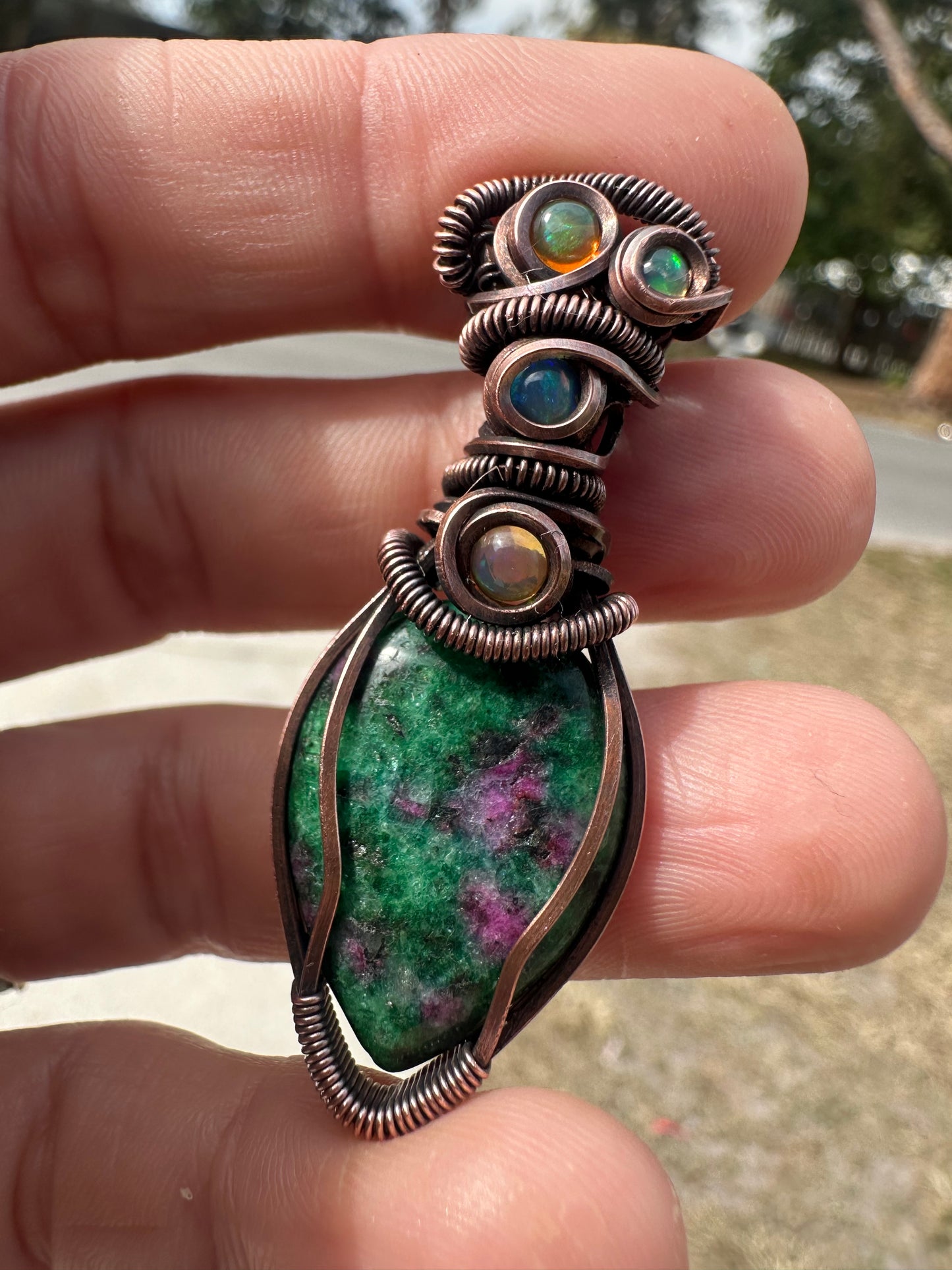 Ruby and opal copper pendant