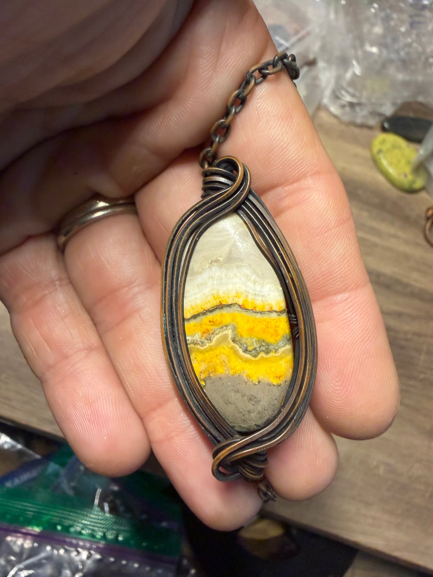 Bumble bee Jasper copper pendant