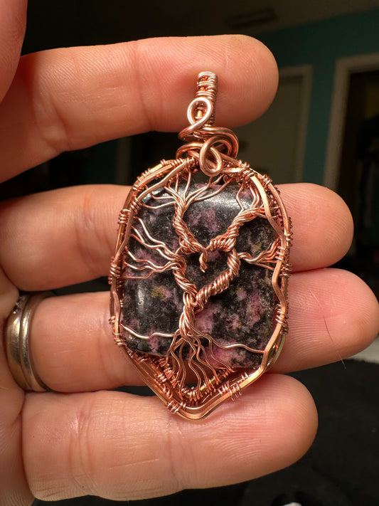 Rhodonite tree of life copper pendant