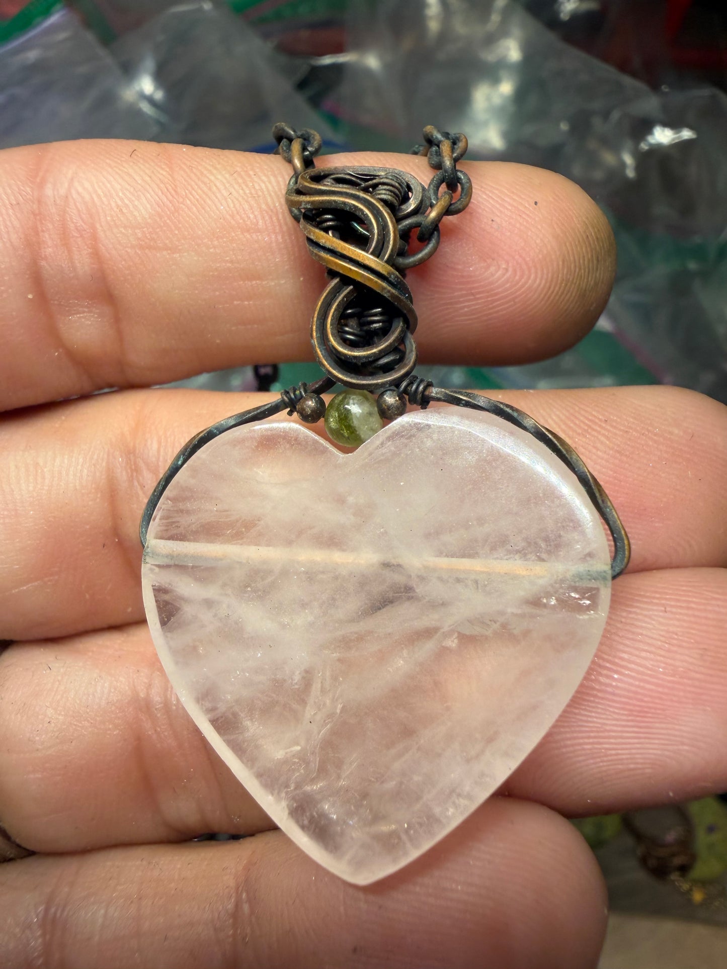 Rose quartz heart copper pendant