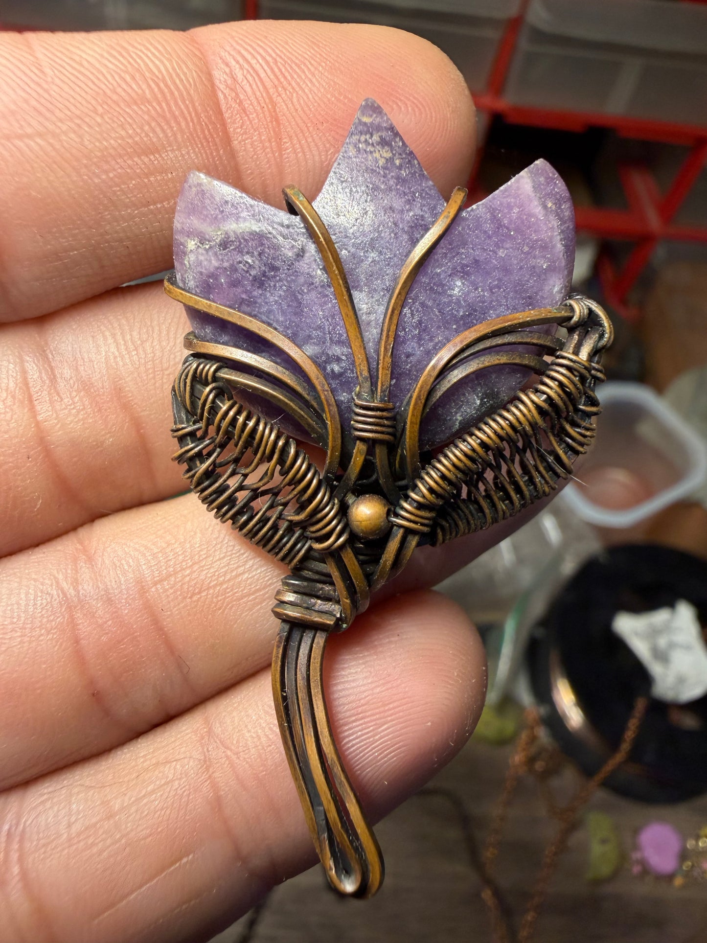 Lepidolite flower copper pendant