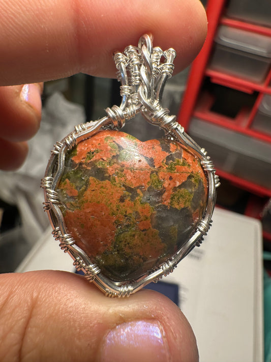 Unakite heart sterling pendant