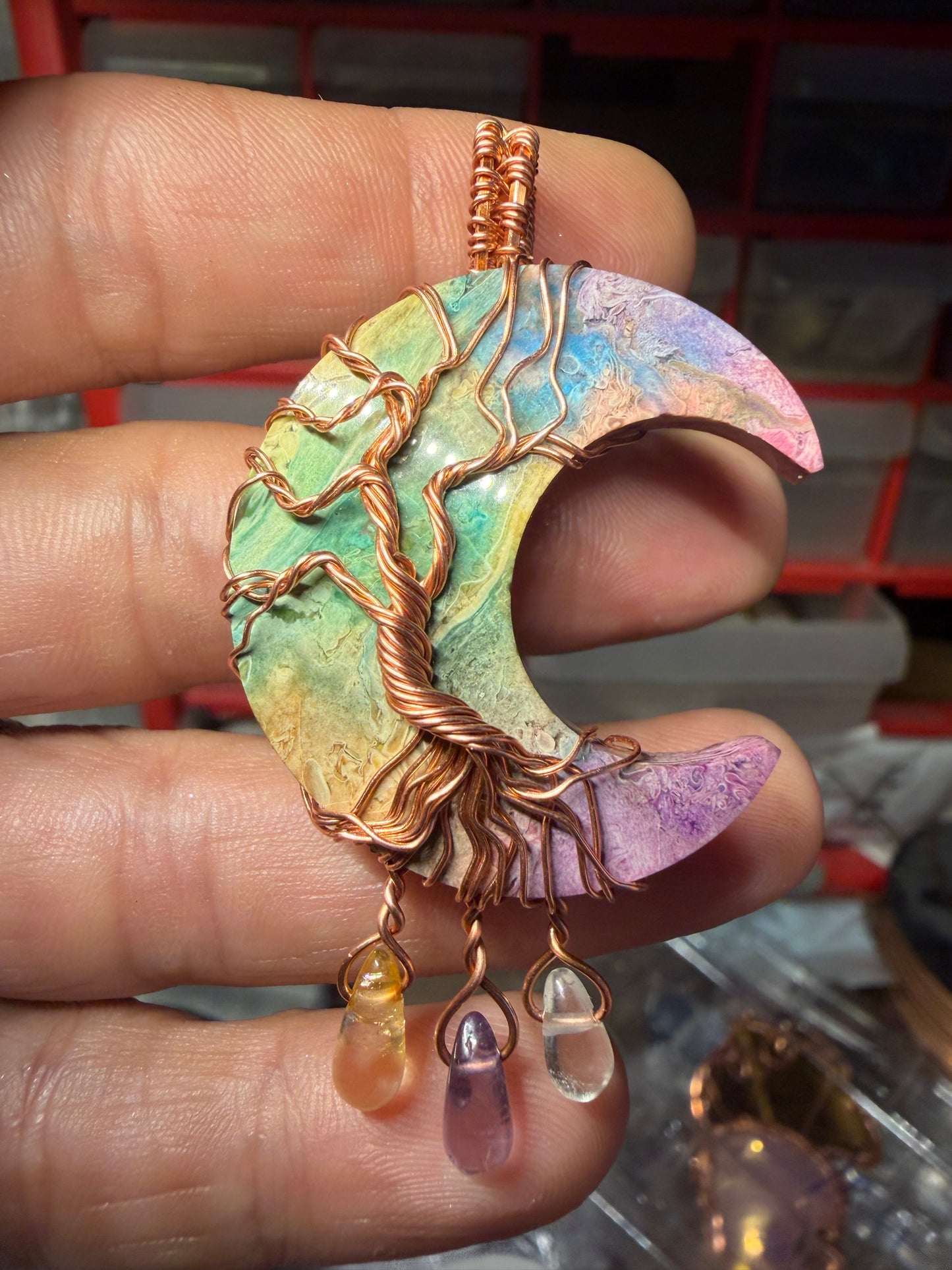 Fossil palm root moon copper pendant (dyed)