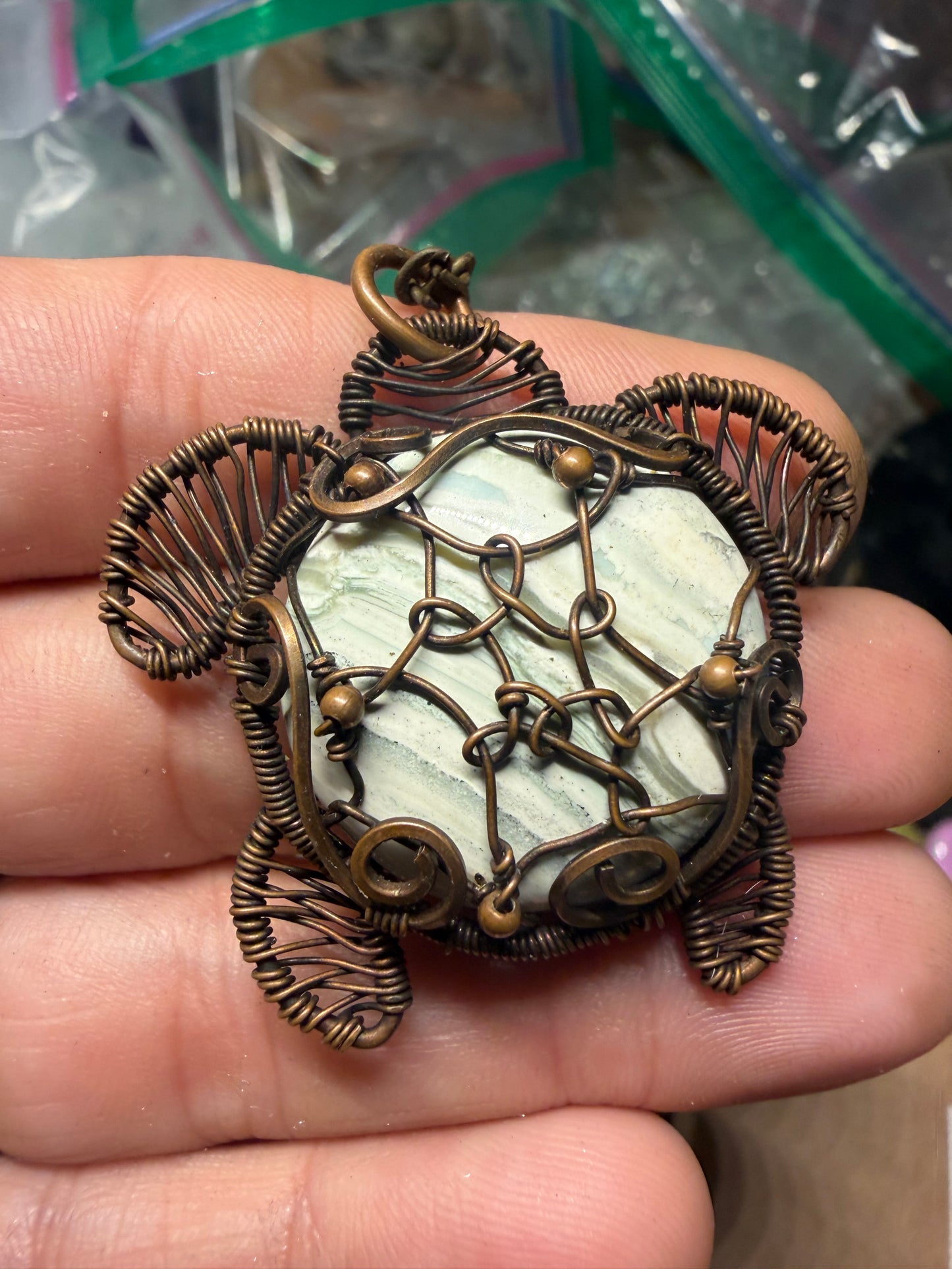 Green banded agate sea turtle copper pendant