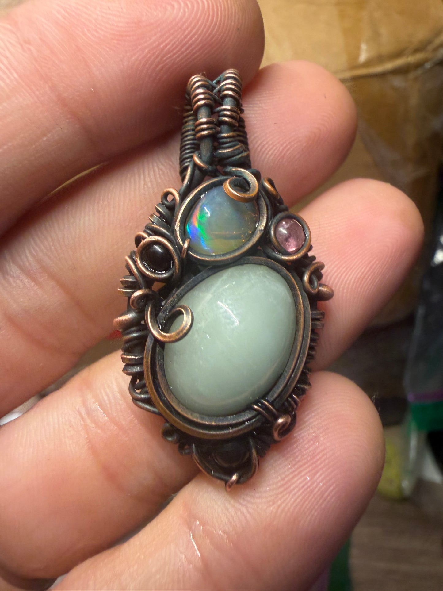 Amazonite & opal copper pendant