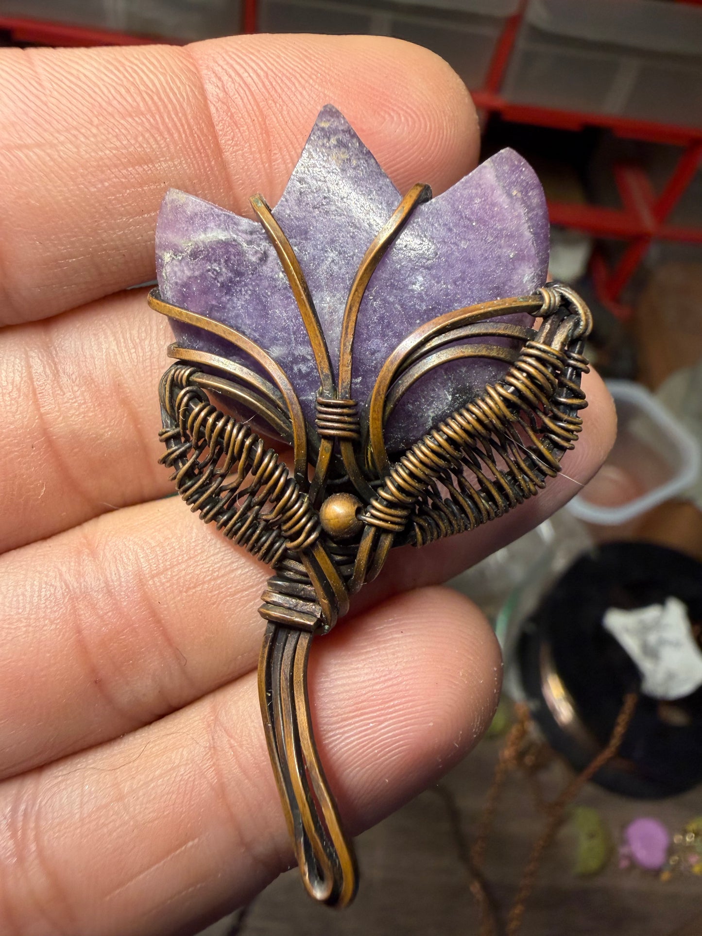 Lepidolite flower copper pendant