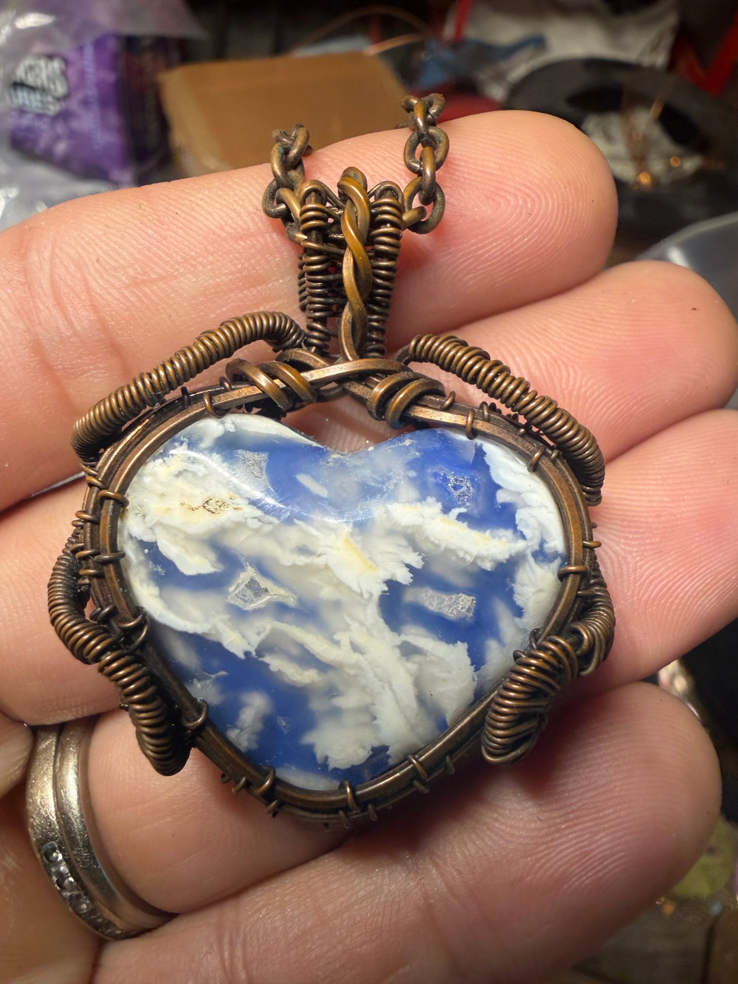 Plum agate (doublet) heart copper pendant