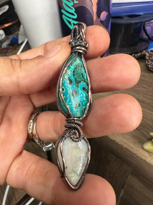 Chrysocolla and moonstone copper pendant