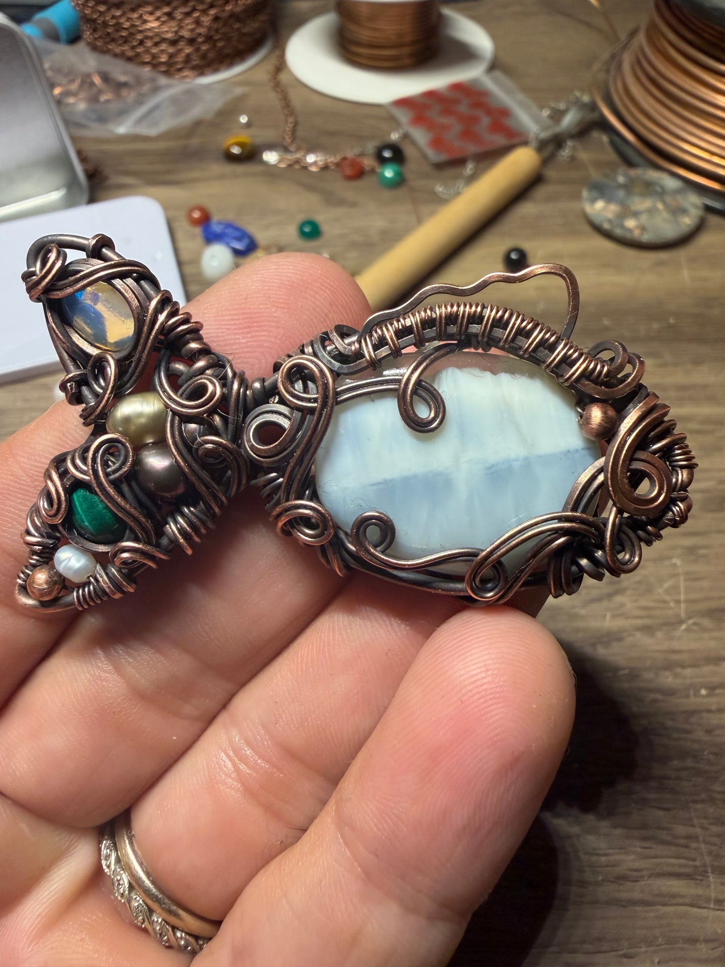 Blue opal Fish inspired copper pendant