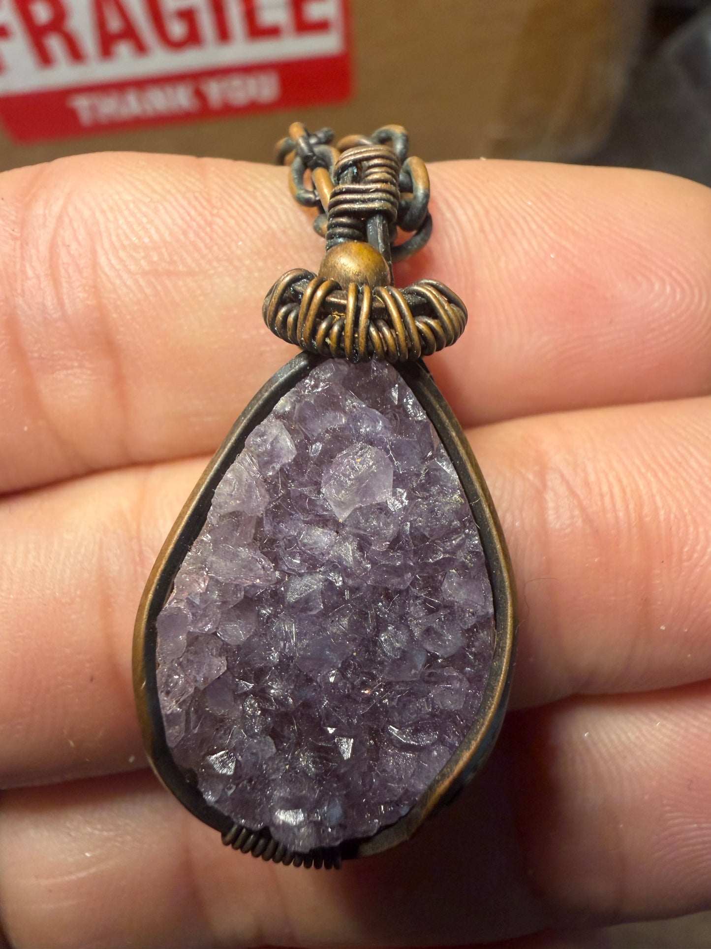 Amethyst drusy copper pendant