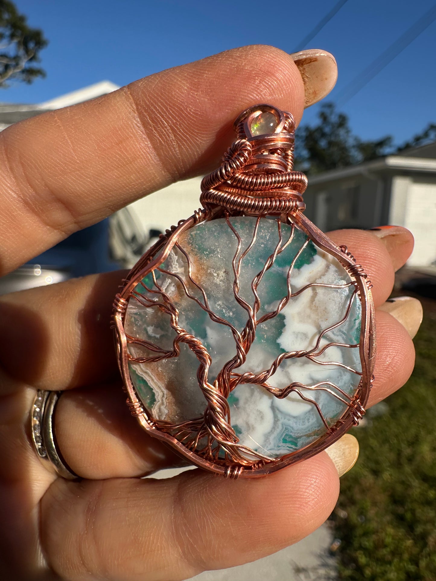 Plum drusy agate doublet copper pendant