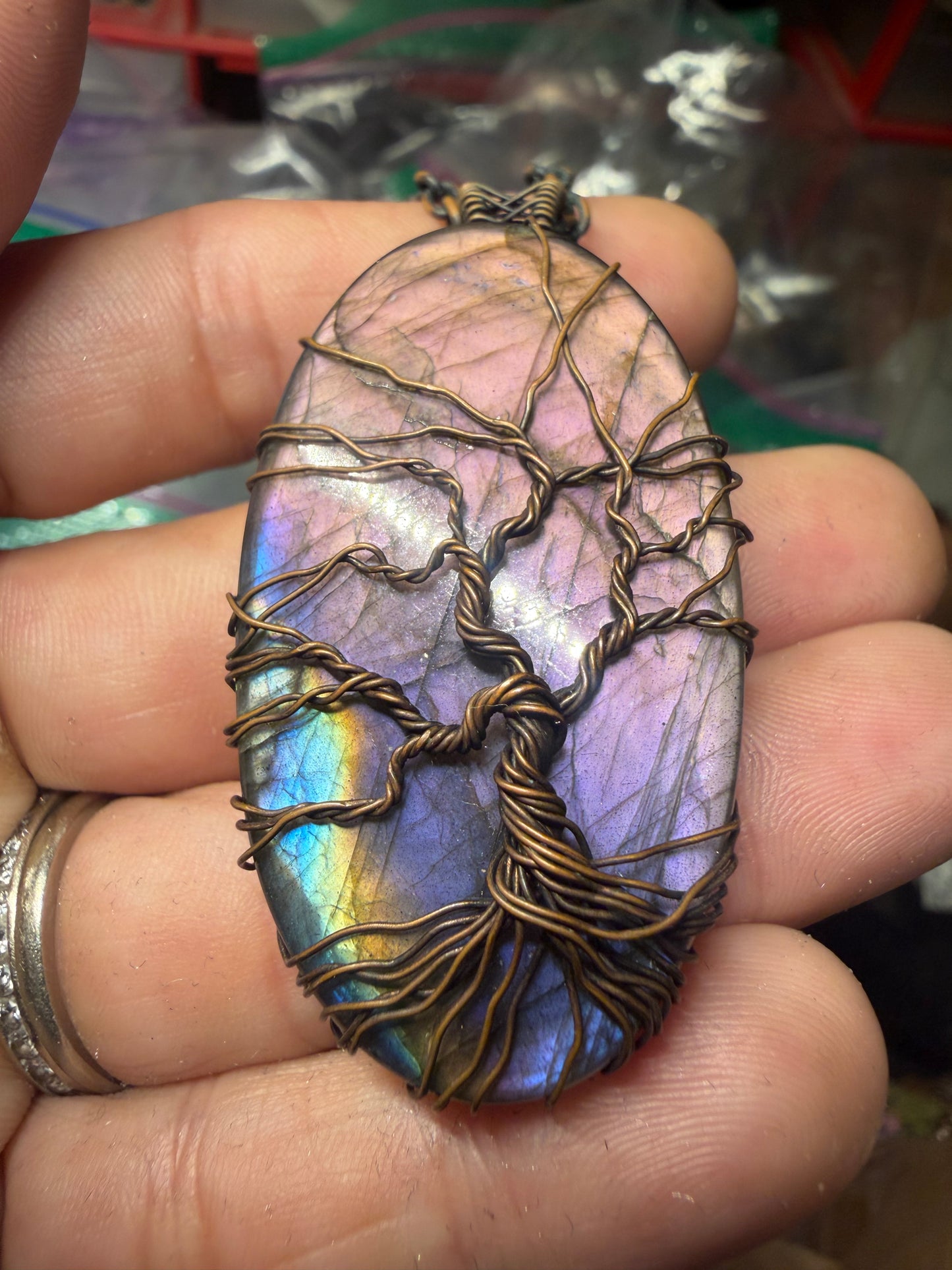 Purple labradorite tree of life copper pendant