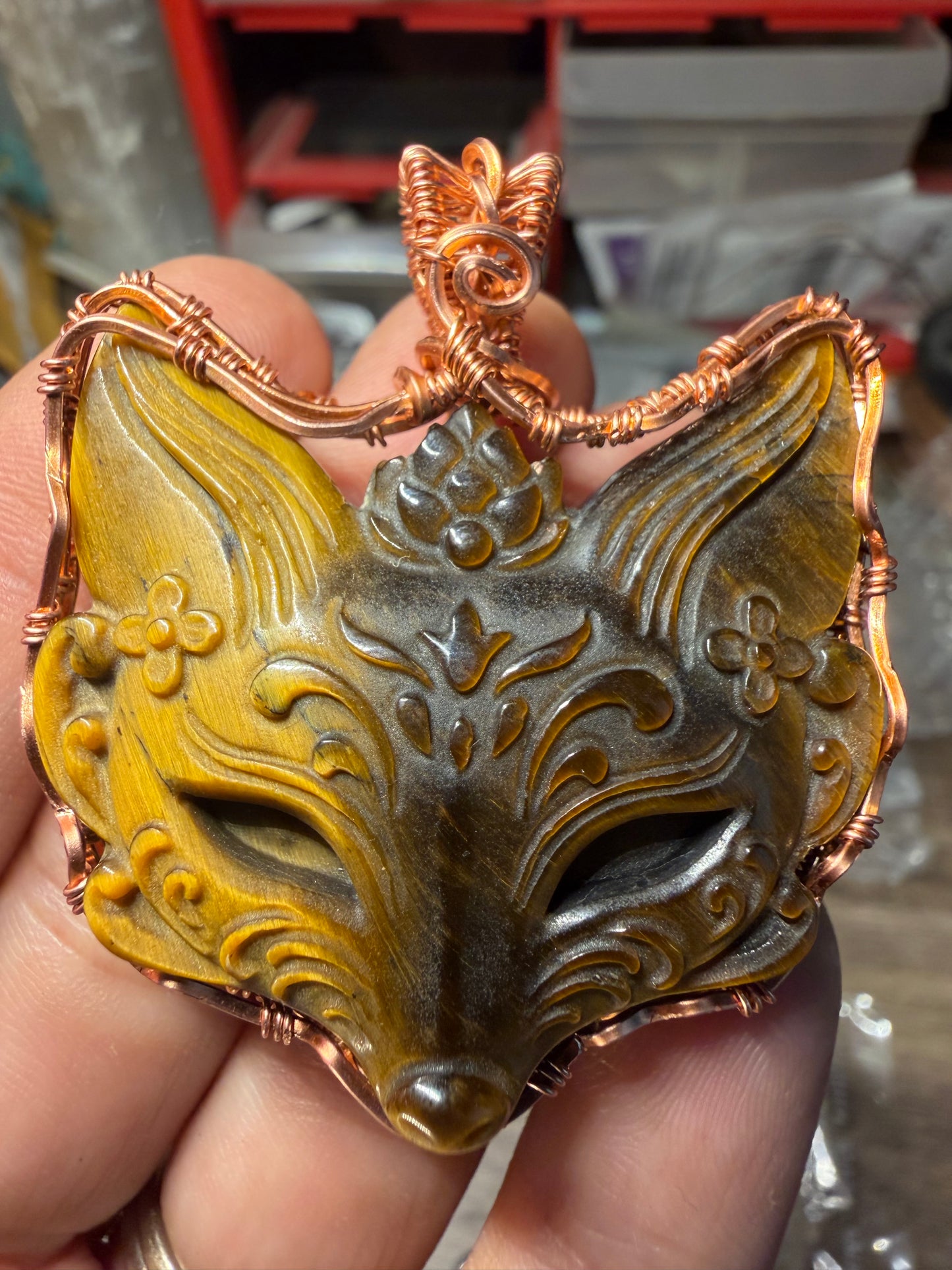 Tigers eye fox cooper pendant