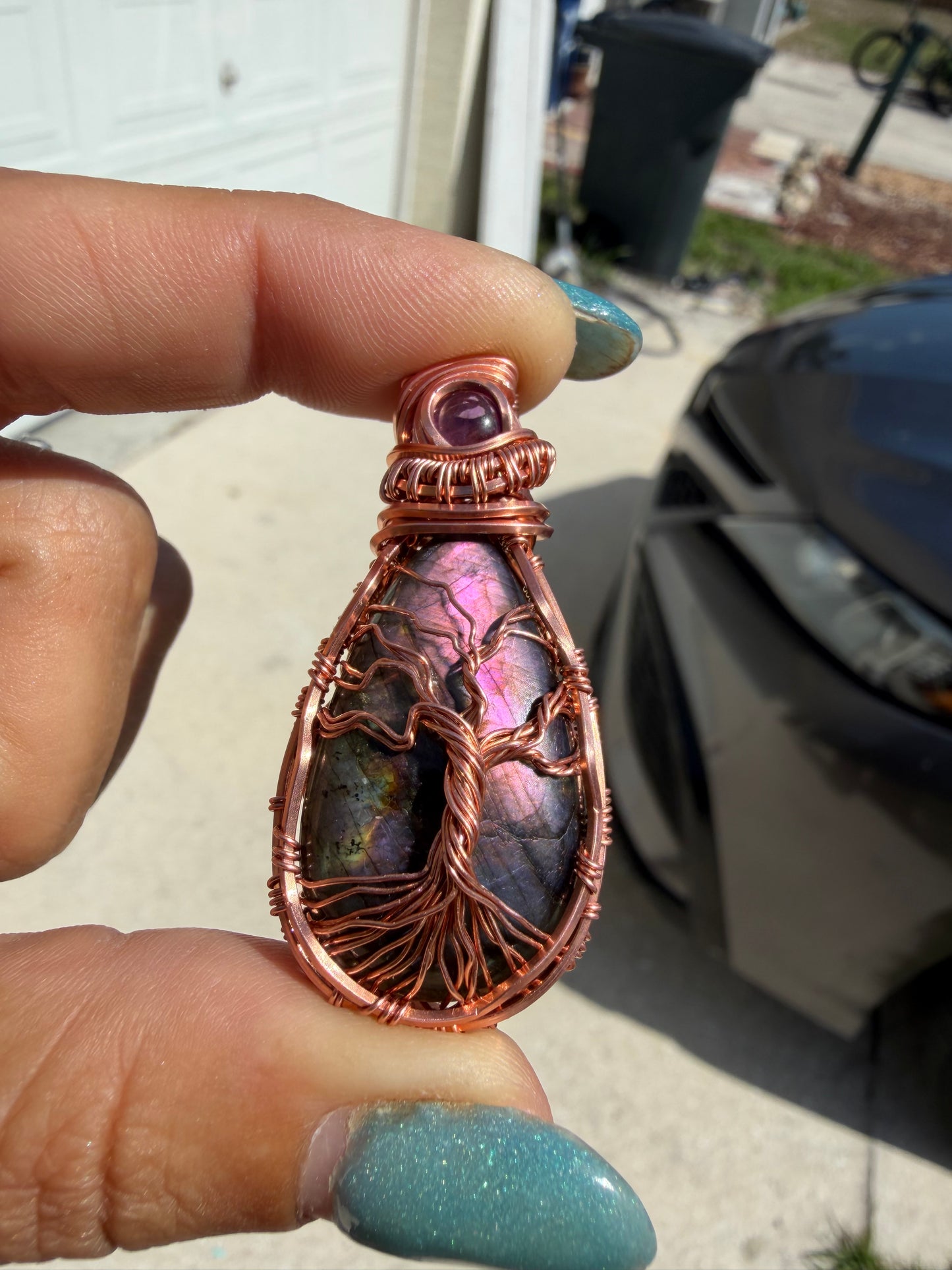 Purple labradorite tree of life copper pendant