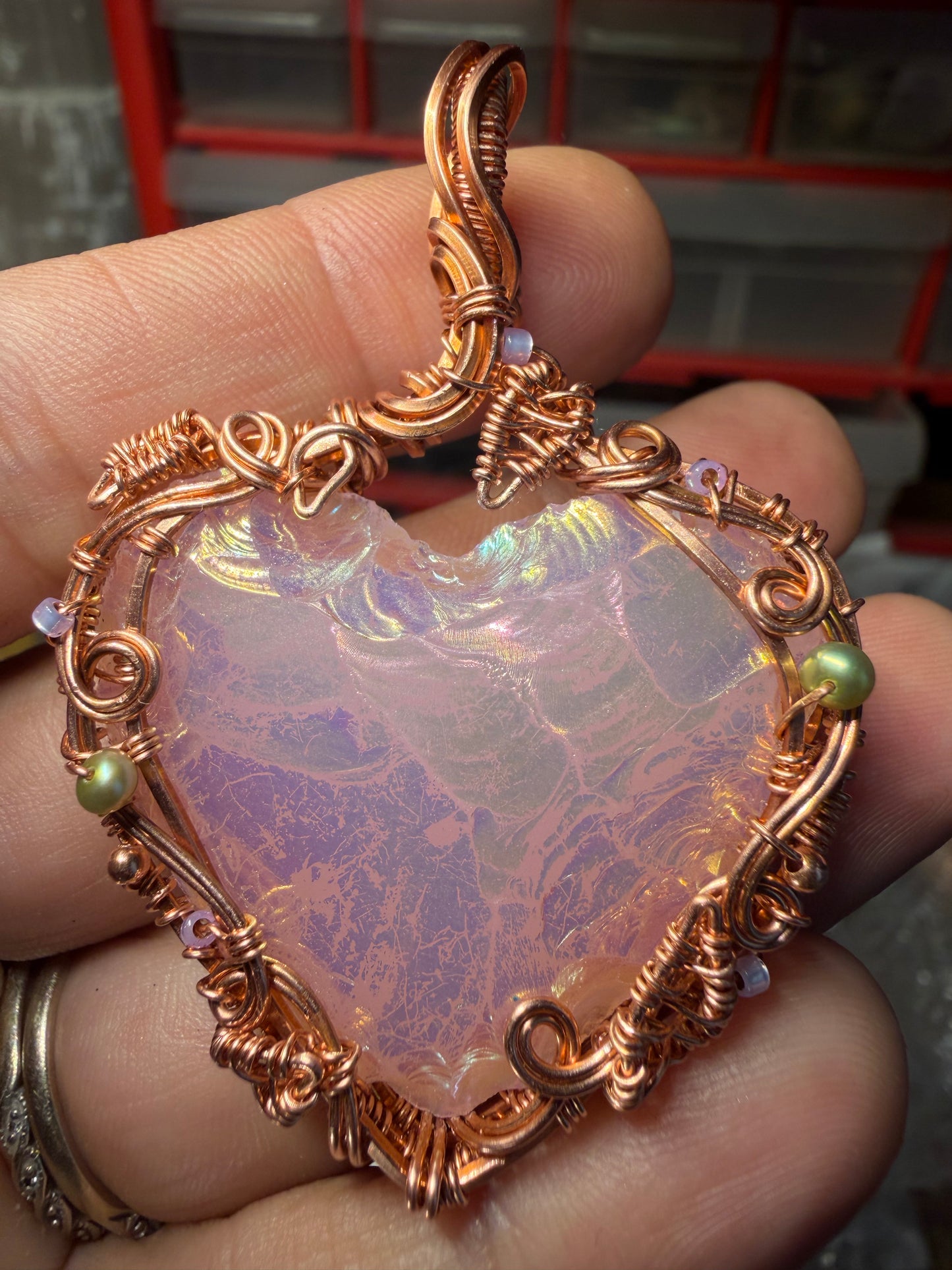 Aurora pink heart copper pendant