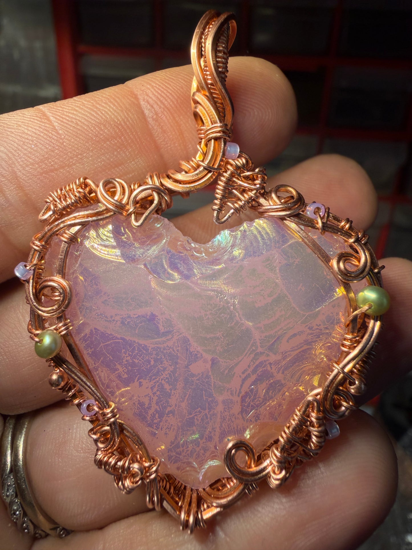 Aurora pink heart copper pendant