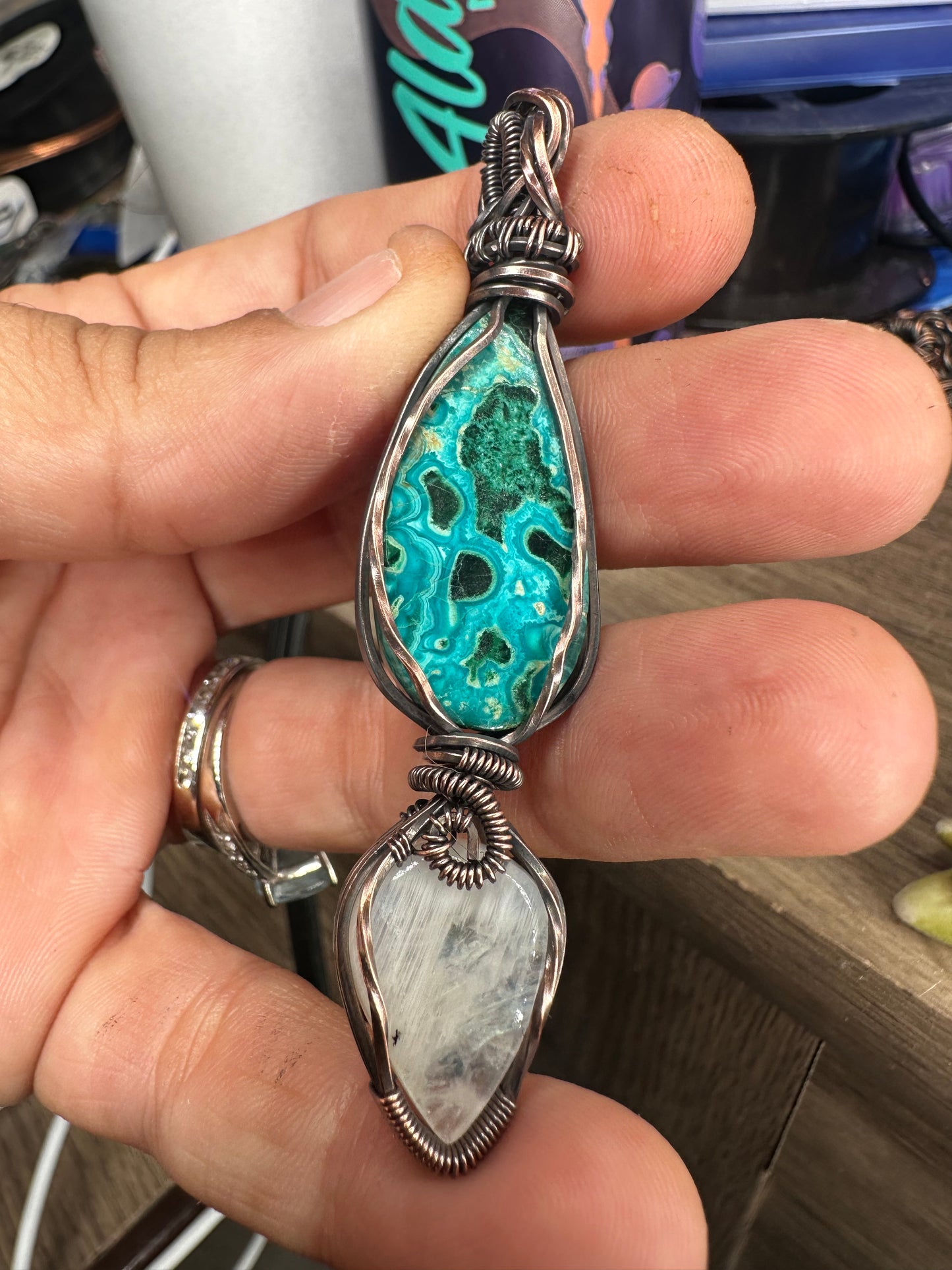 Chrysocolla and moonstone copper pendant