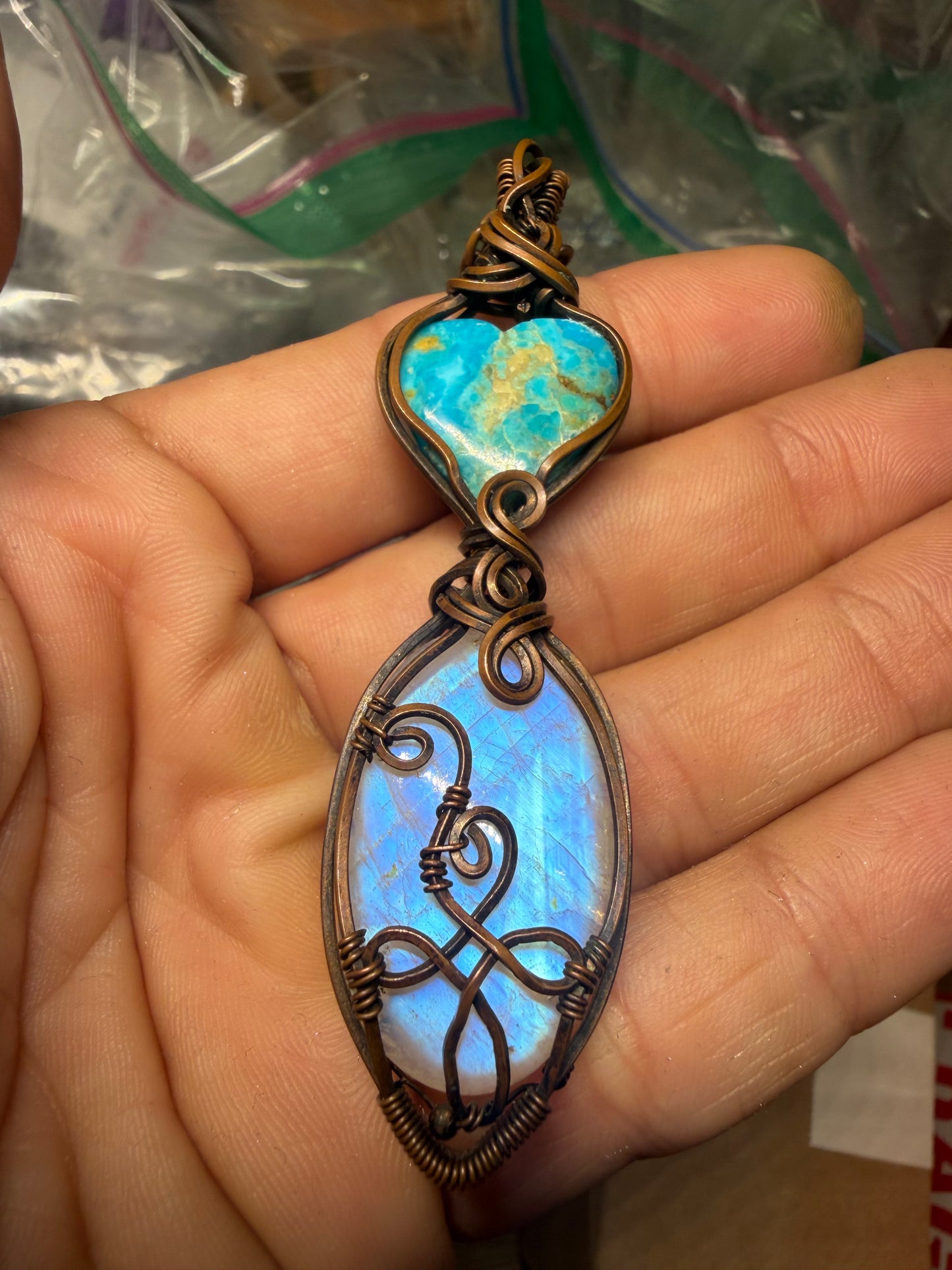 Turquoise & moonstone copper pendant