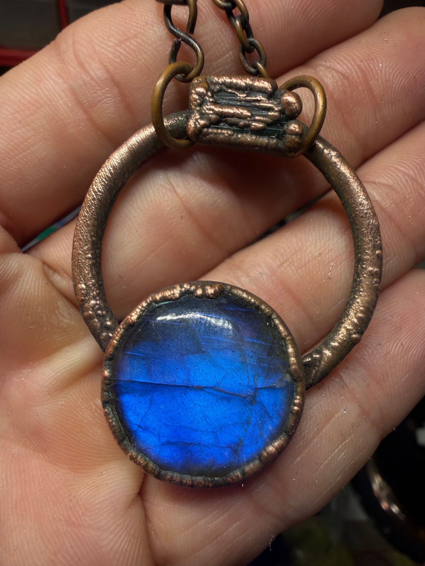 Labradorite and tourmaline copper pendant