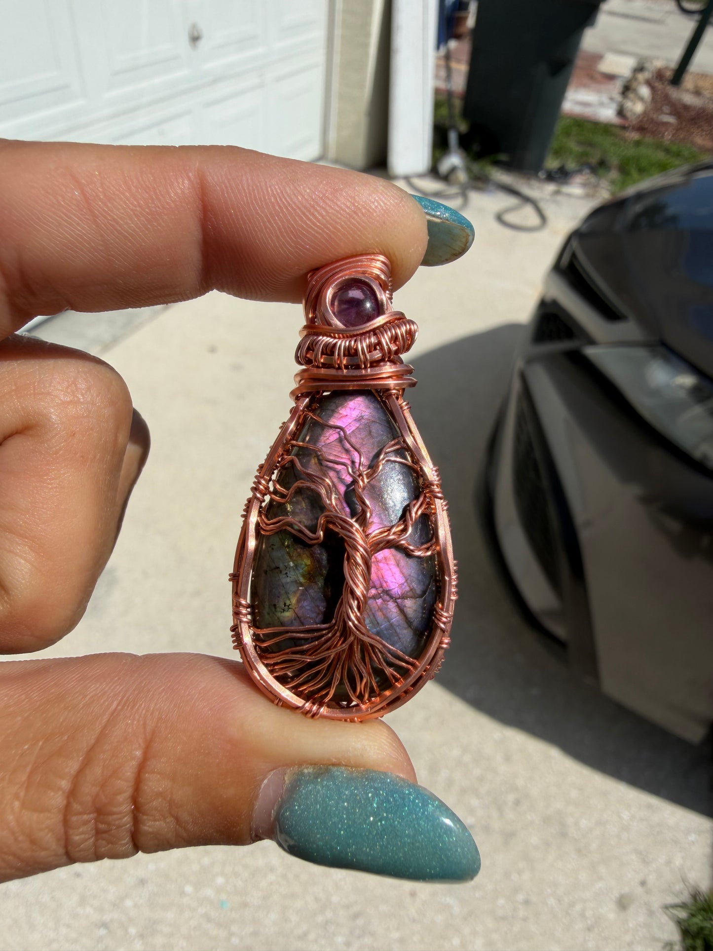 Purple labradorite tree of life copper pendant