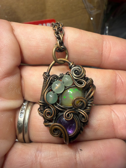 Opal and amethyst copper pendant