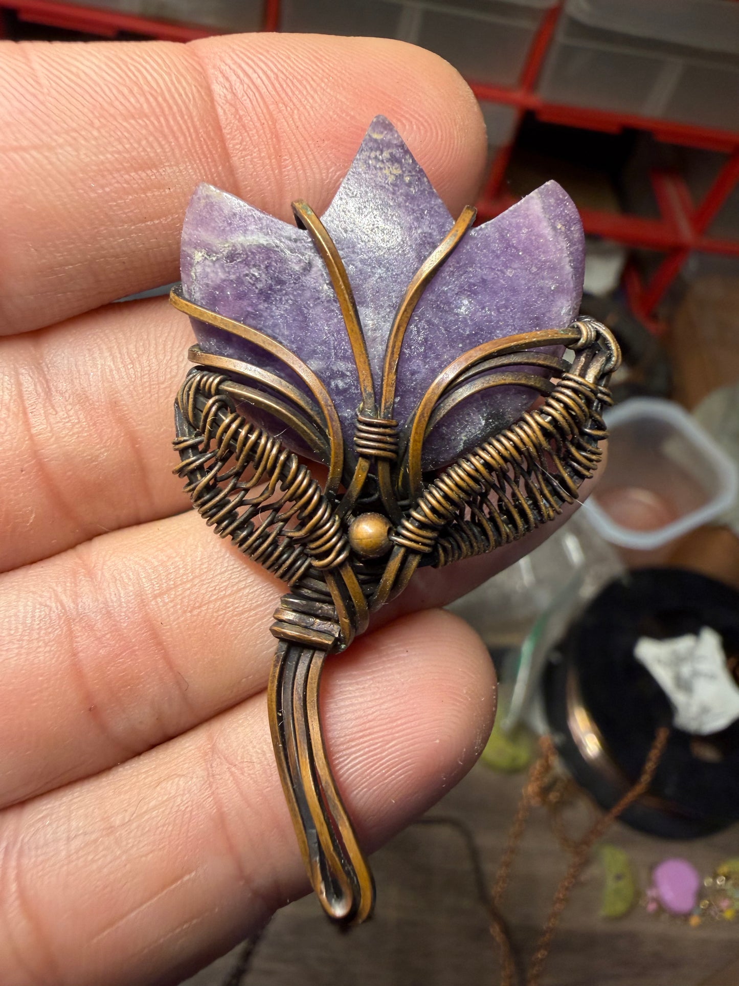 Lepidolite flower copper pendant