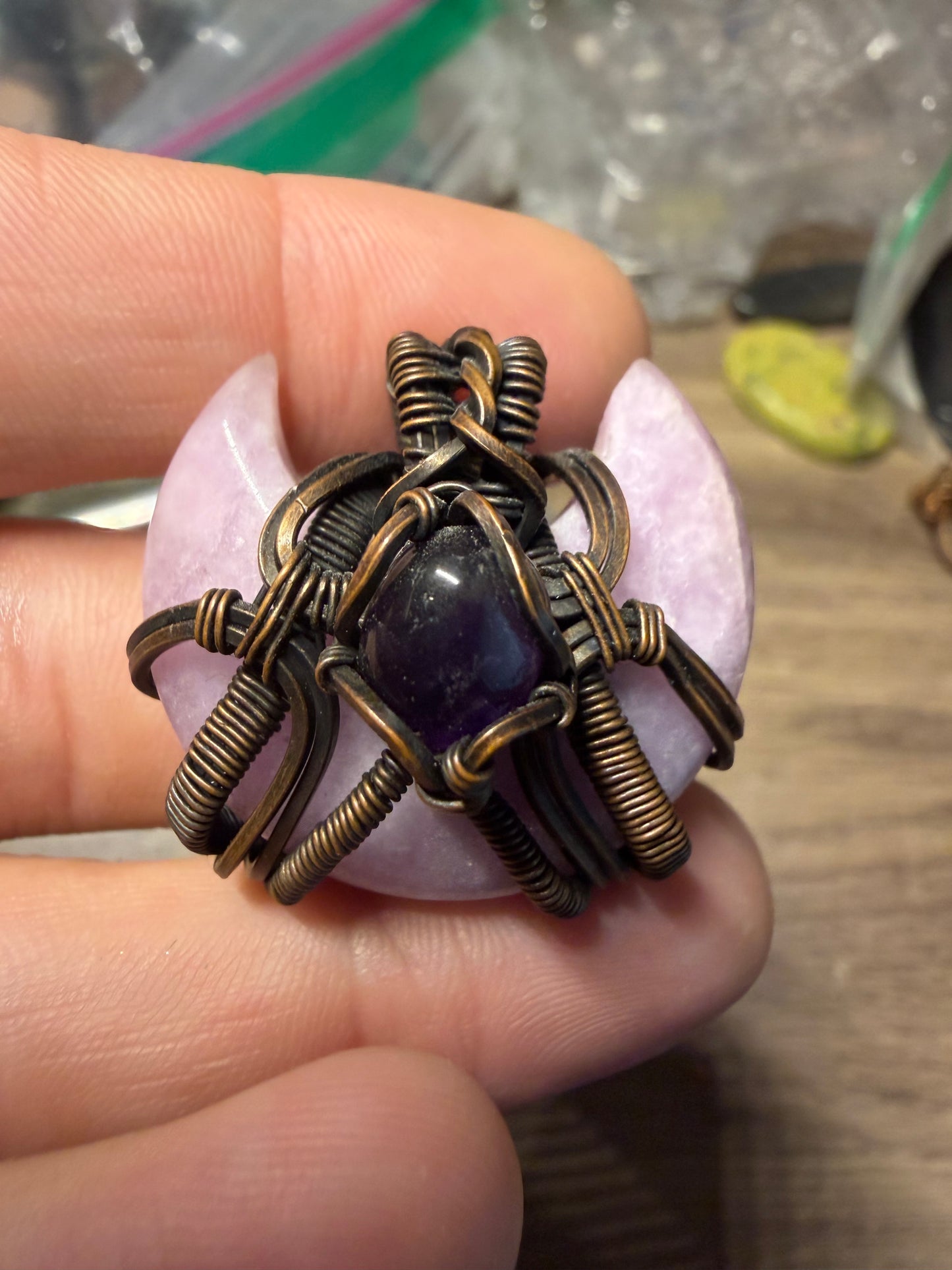 Amethyst and lepidolite moon copper pendant