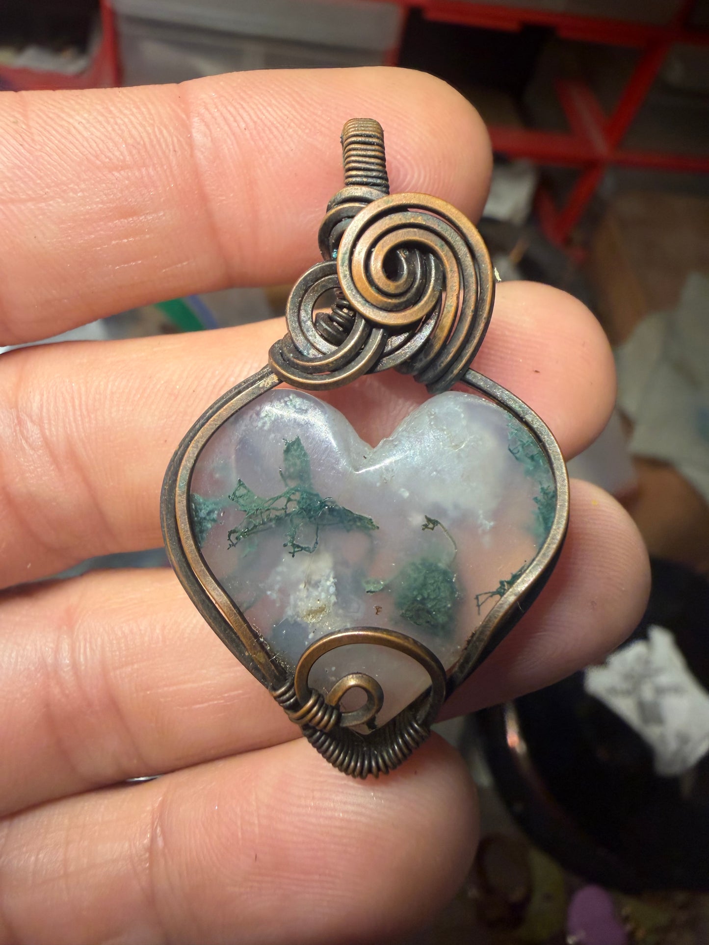 Moss agate copper heart pendant
