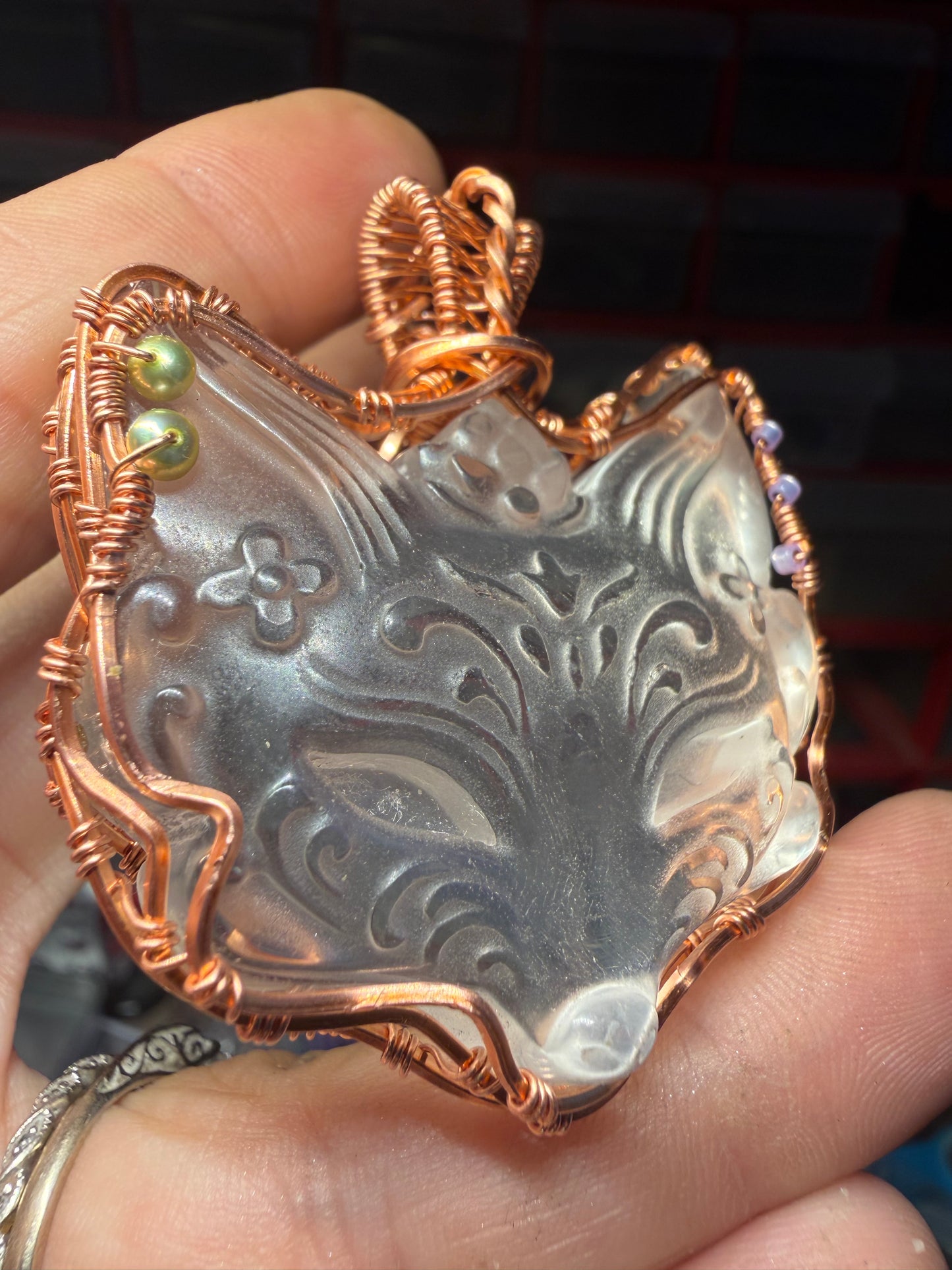 Fox clear quartz copper pendant