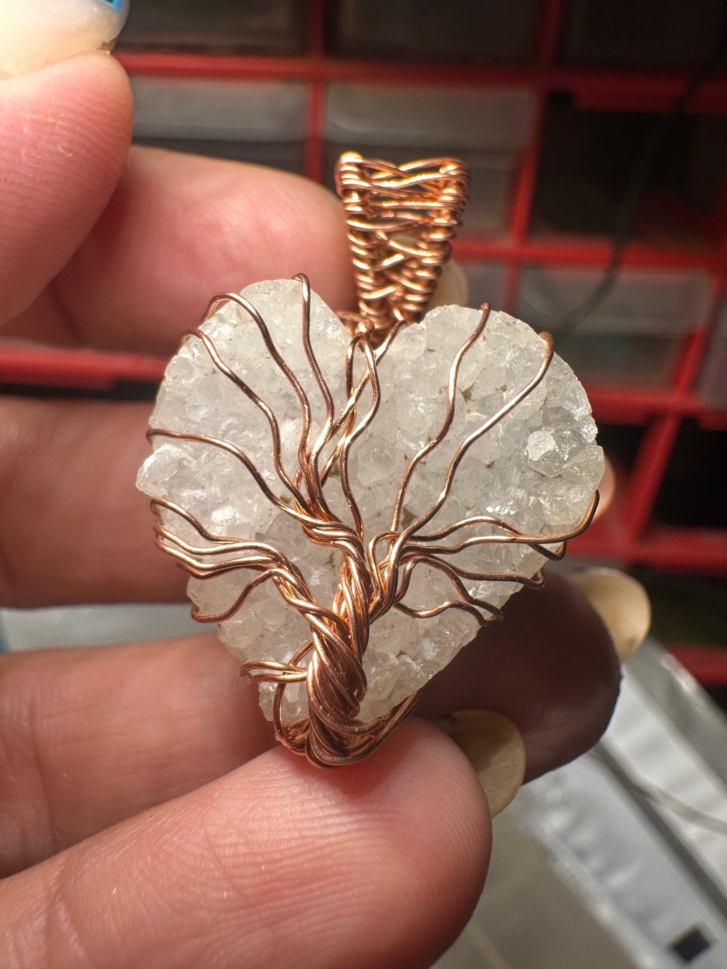 Drusy agate heart “tree of life”copper pendant