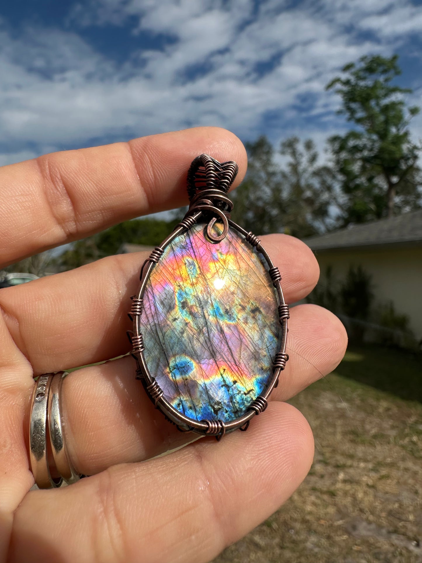 Spectrolite copper pendant