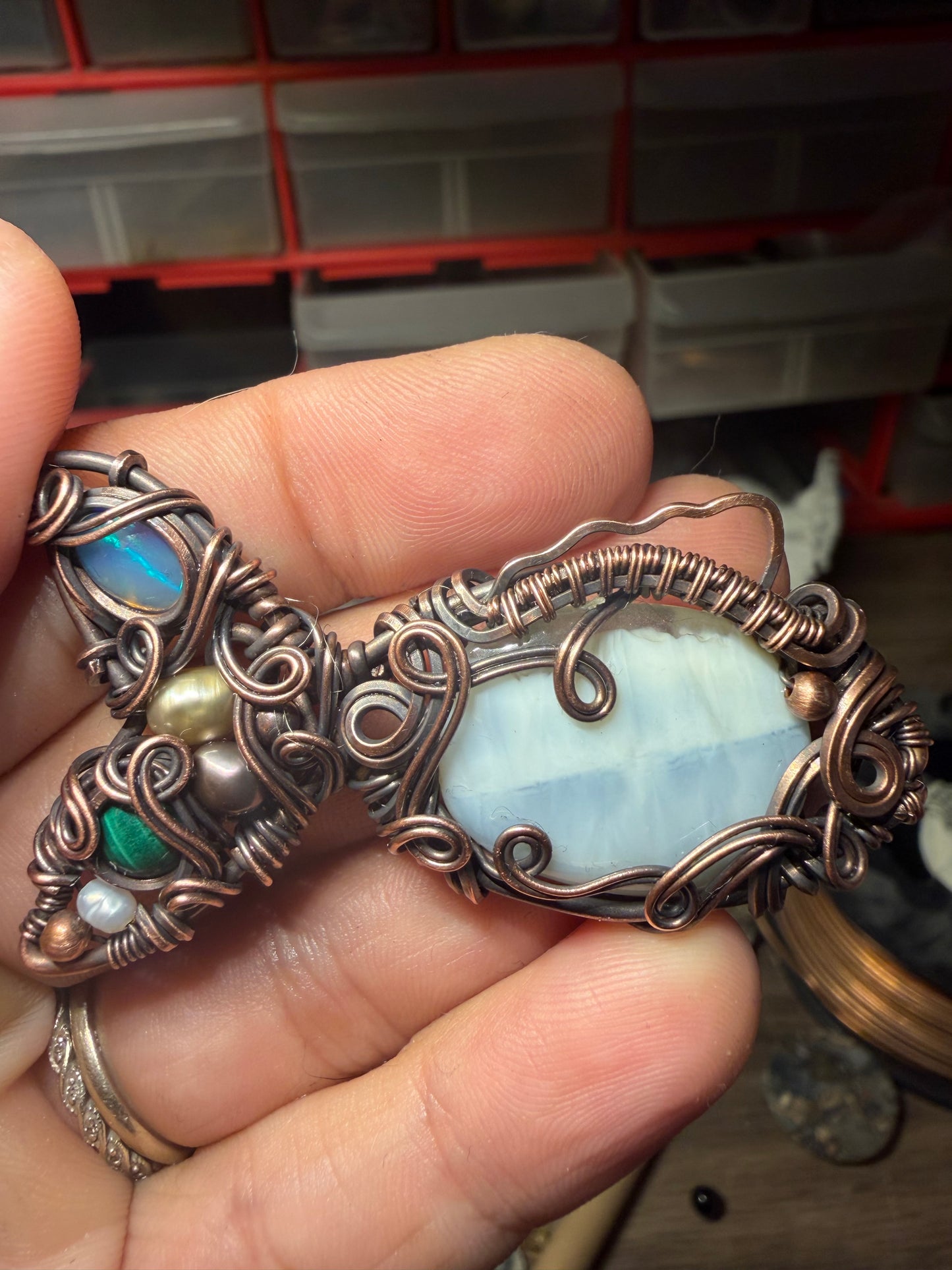 Blue opal Fish inspired copper pendant