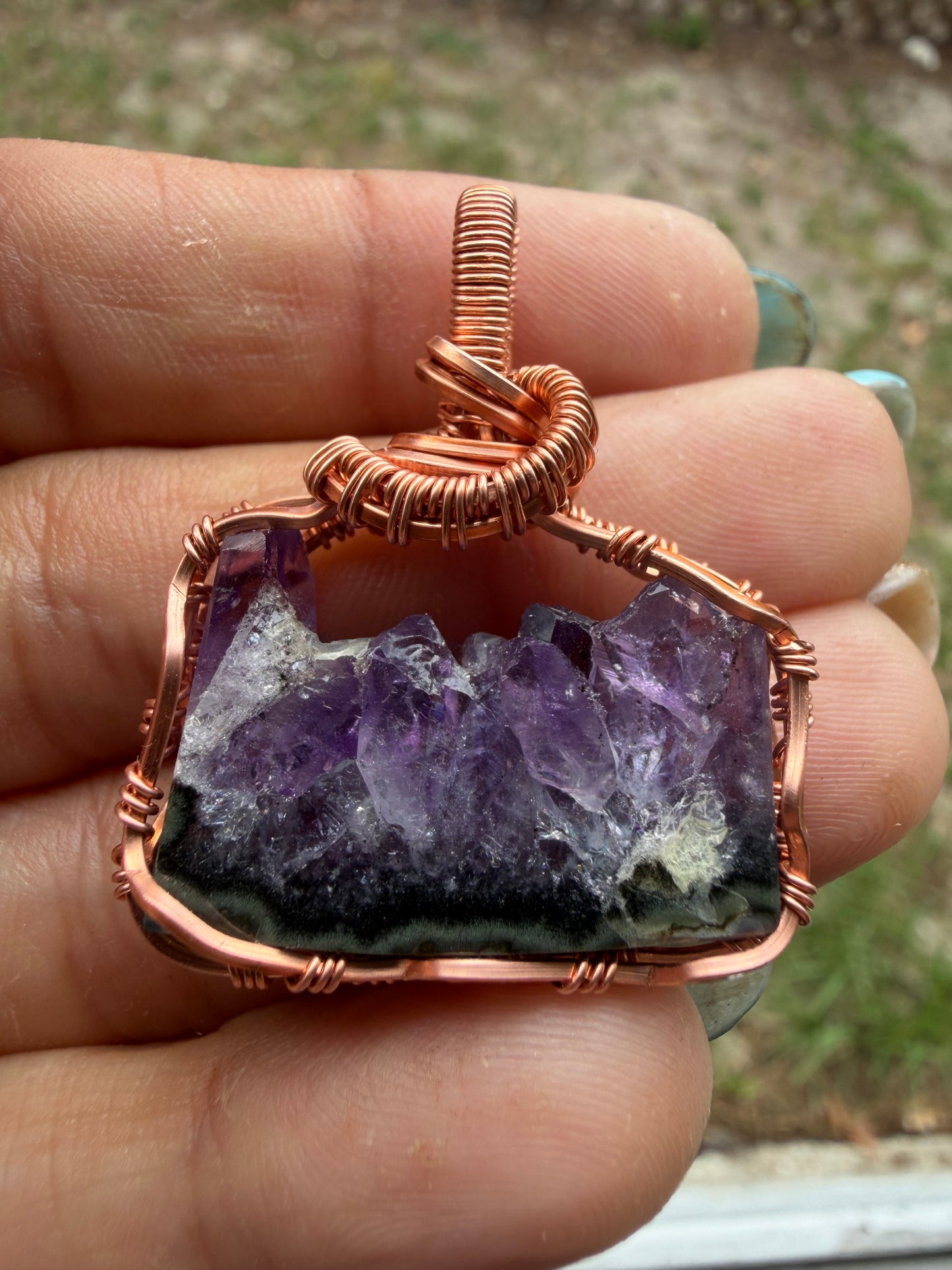 Uruguayan amethyst slice copper pendant