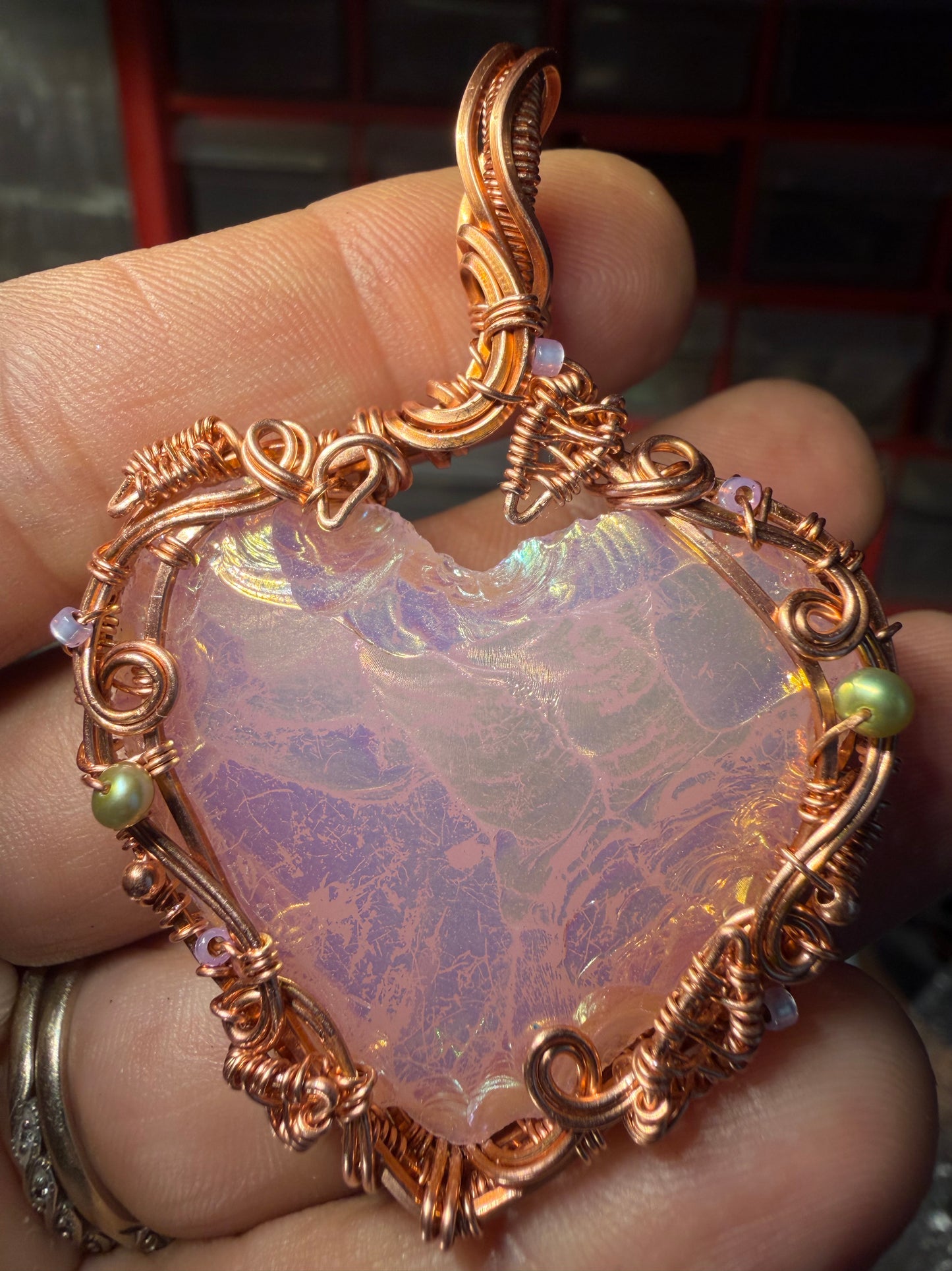 Aurora pink heart copper pendant