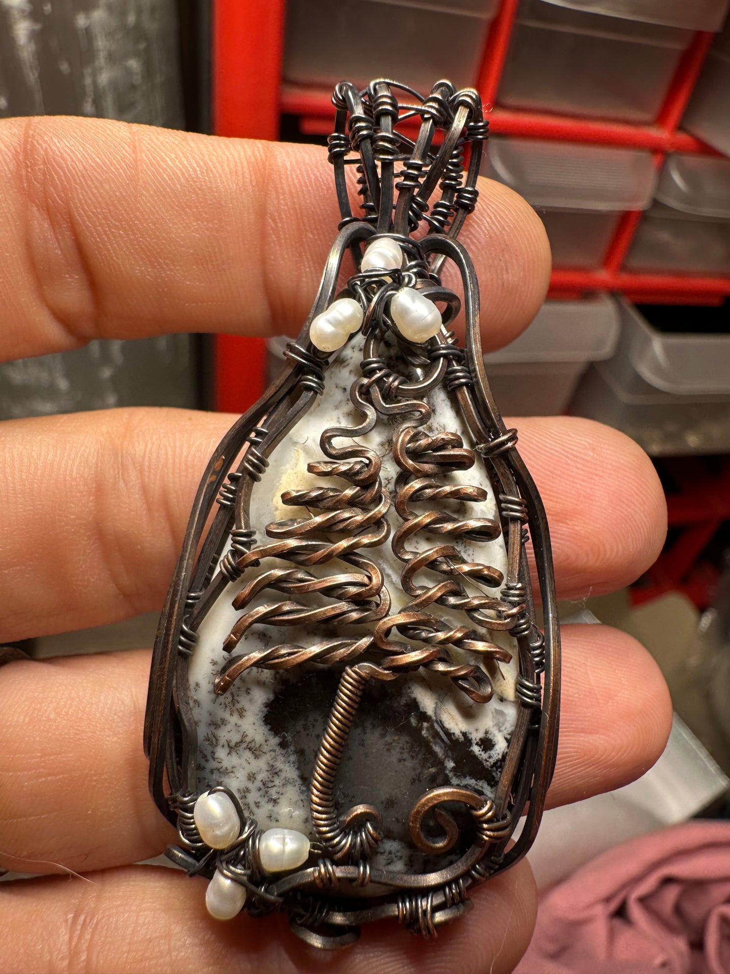 Christmas tree dendritic agate copper pendant