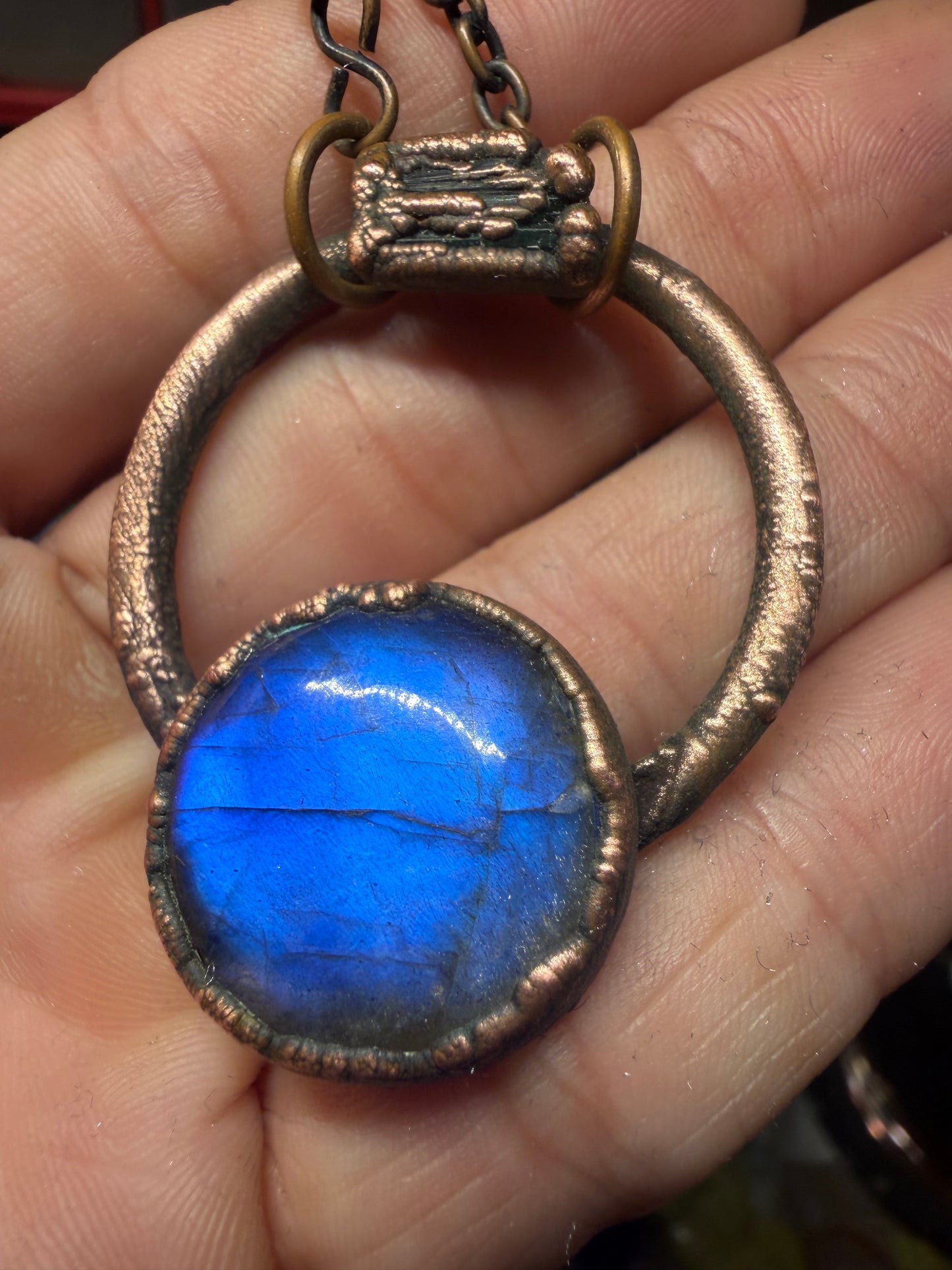 Labradorite and tourmaline copper pendant