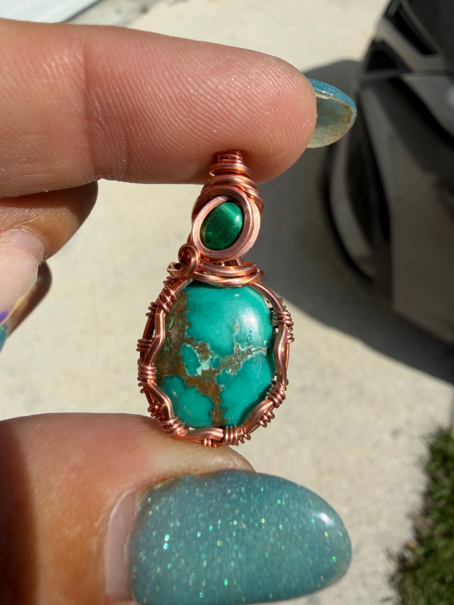 Turquoise and malachite copper pendant