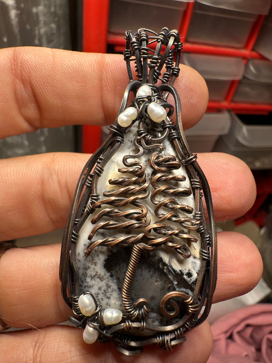 Christmas tree dendritic agate copper pendant