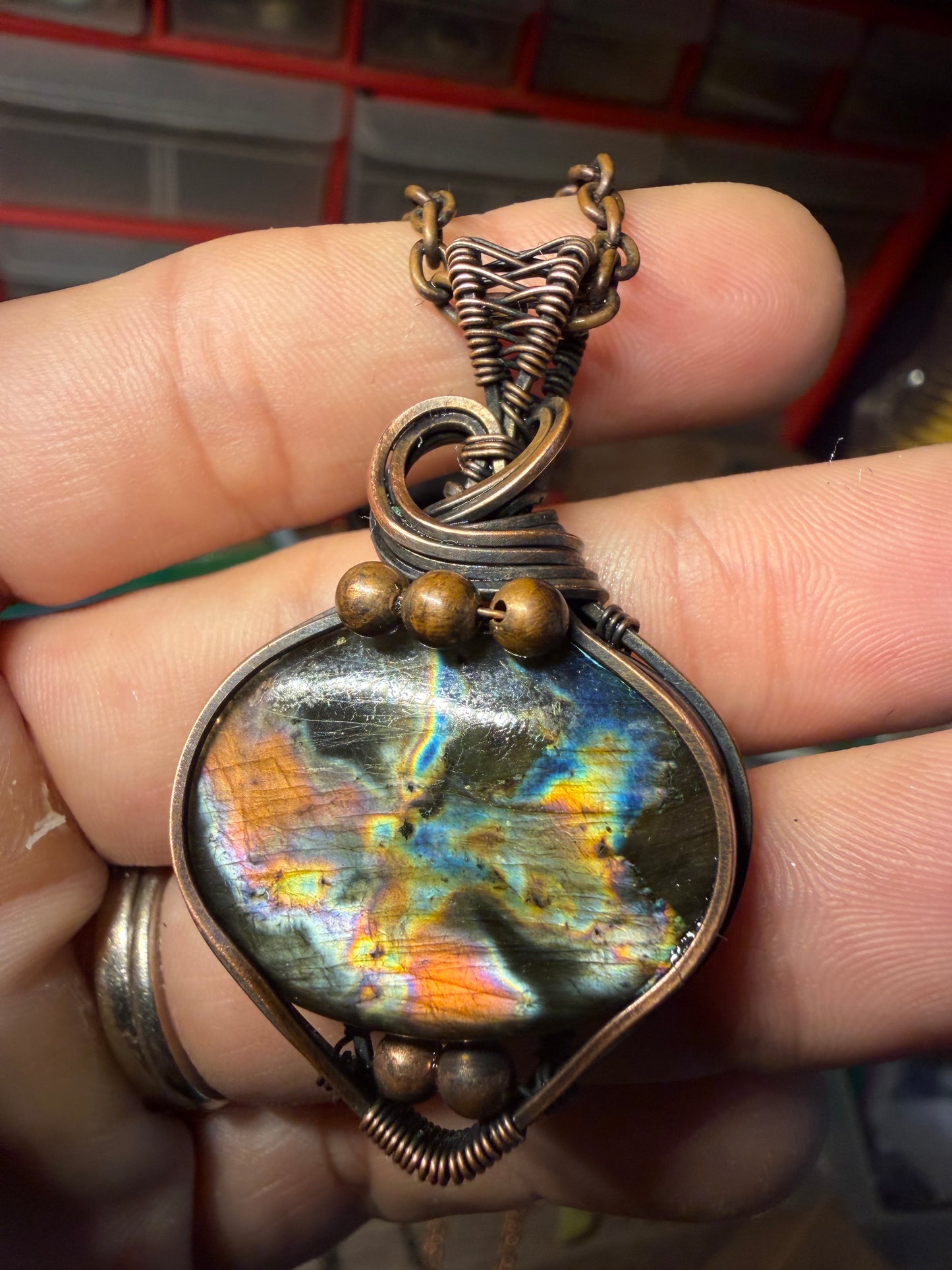 Flashy labradorite copper pendant