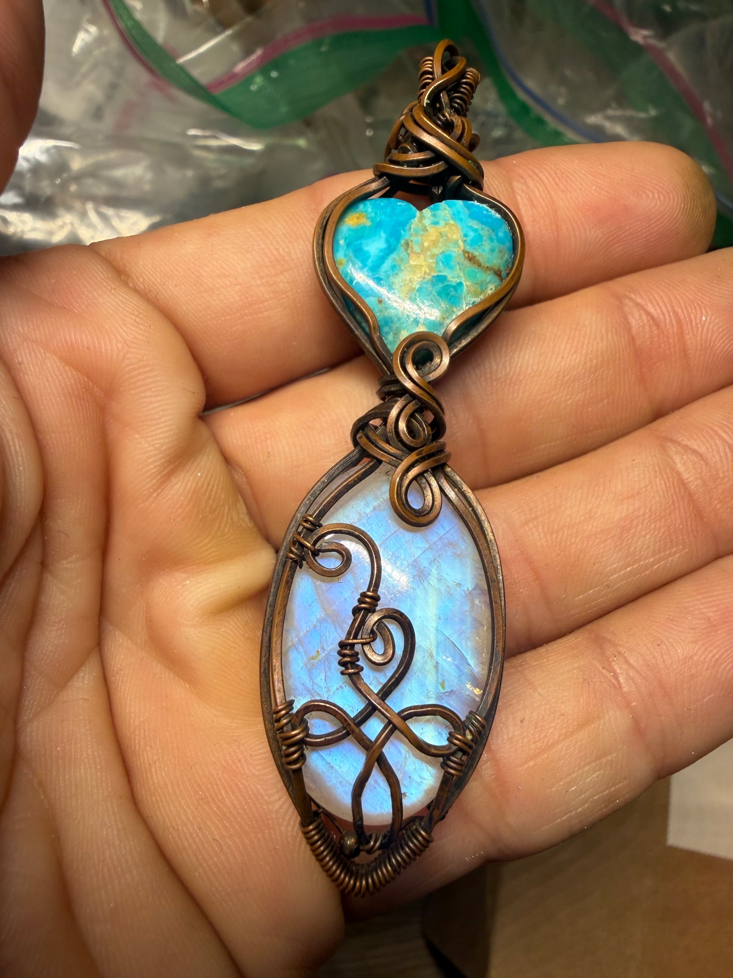 Turquoise & moonstone copper pendant