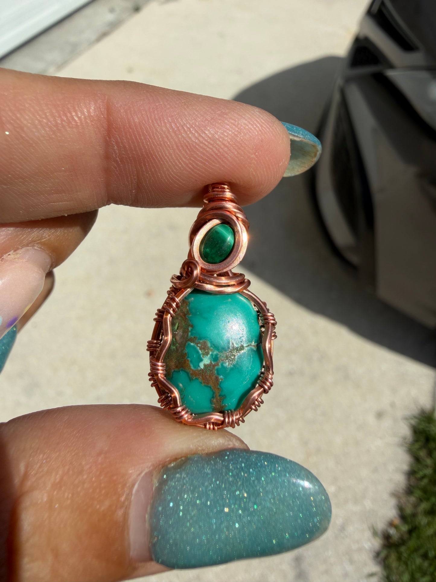Turquoise and malachite copper pendant