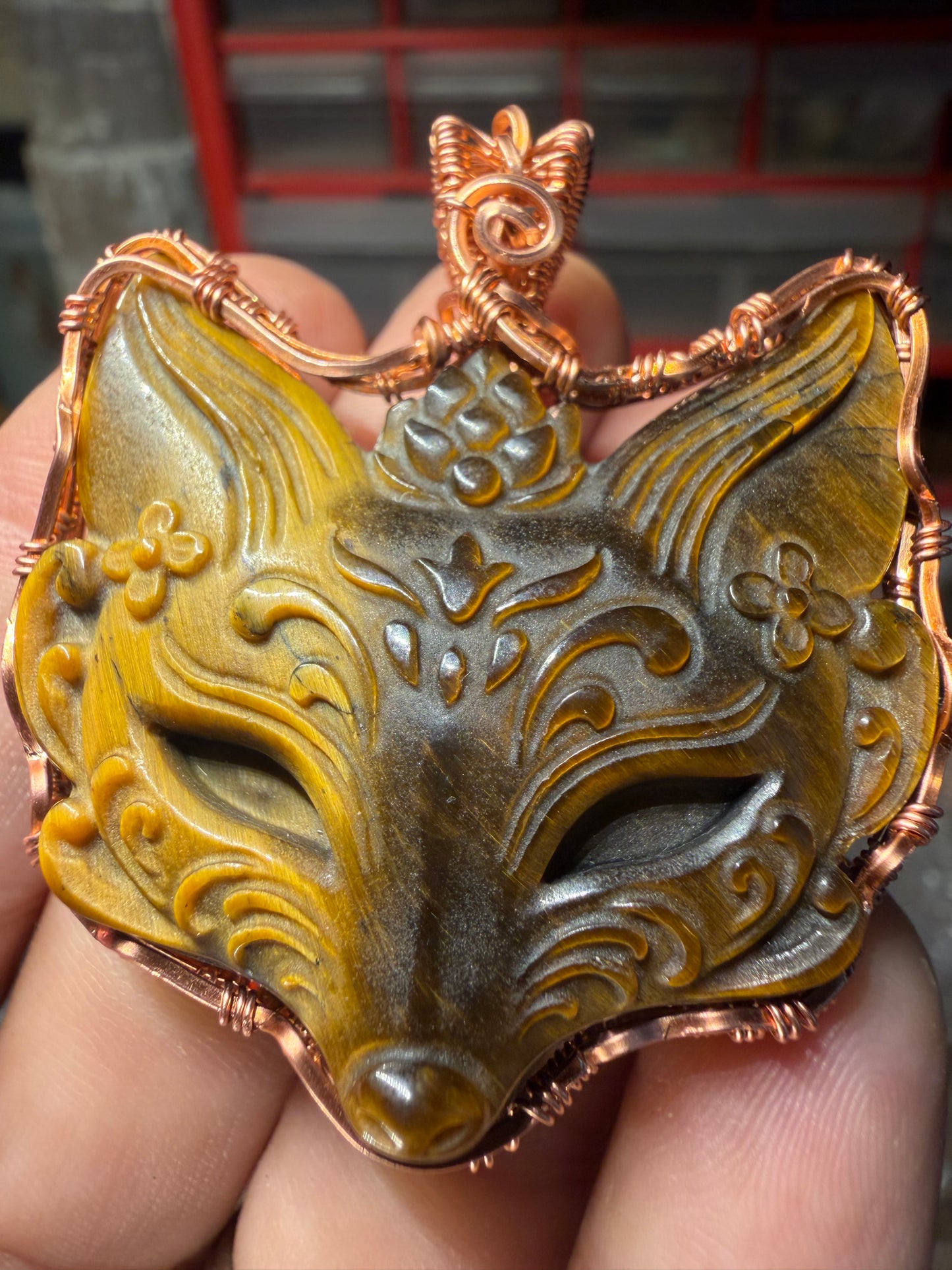 Tigers eye fox cooper pendant