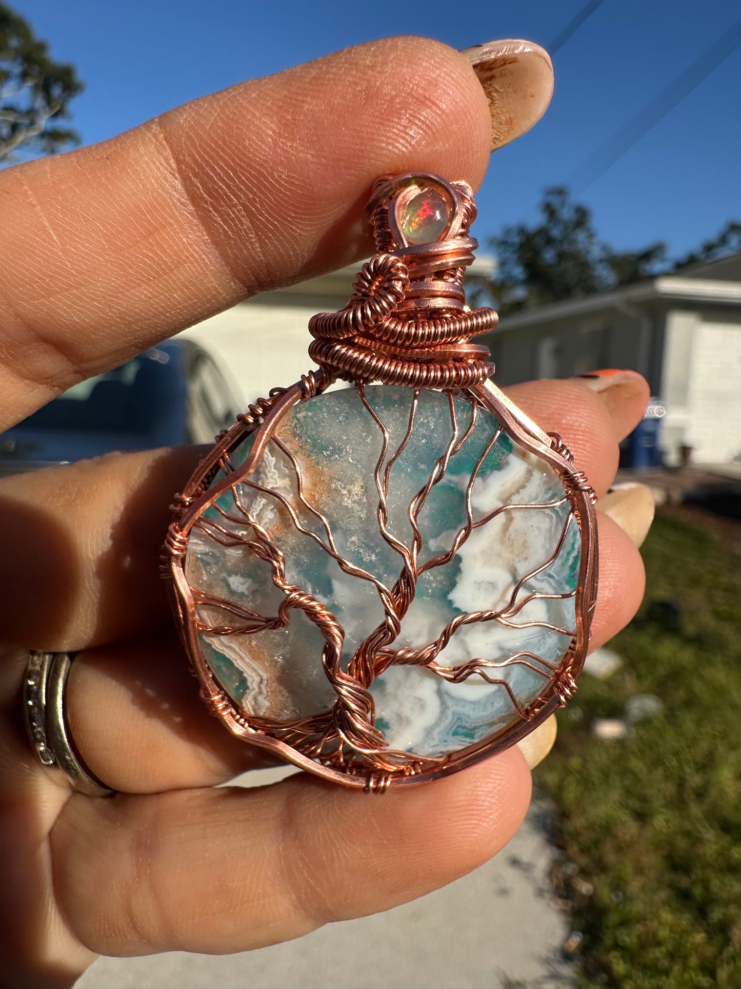 Plum drusy agate doublet copper pendant