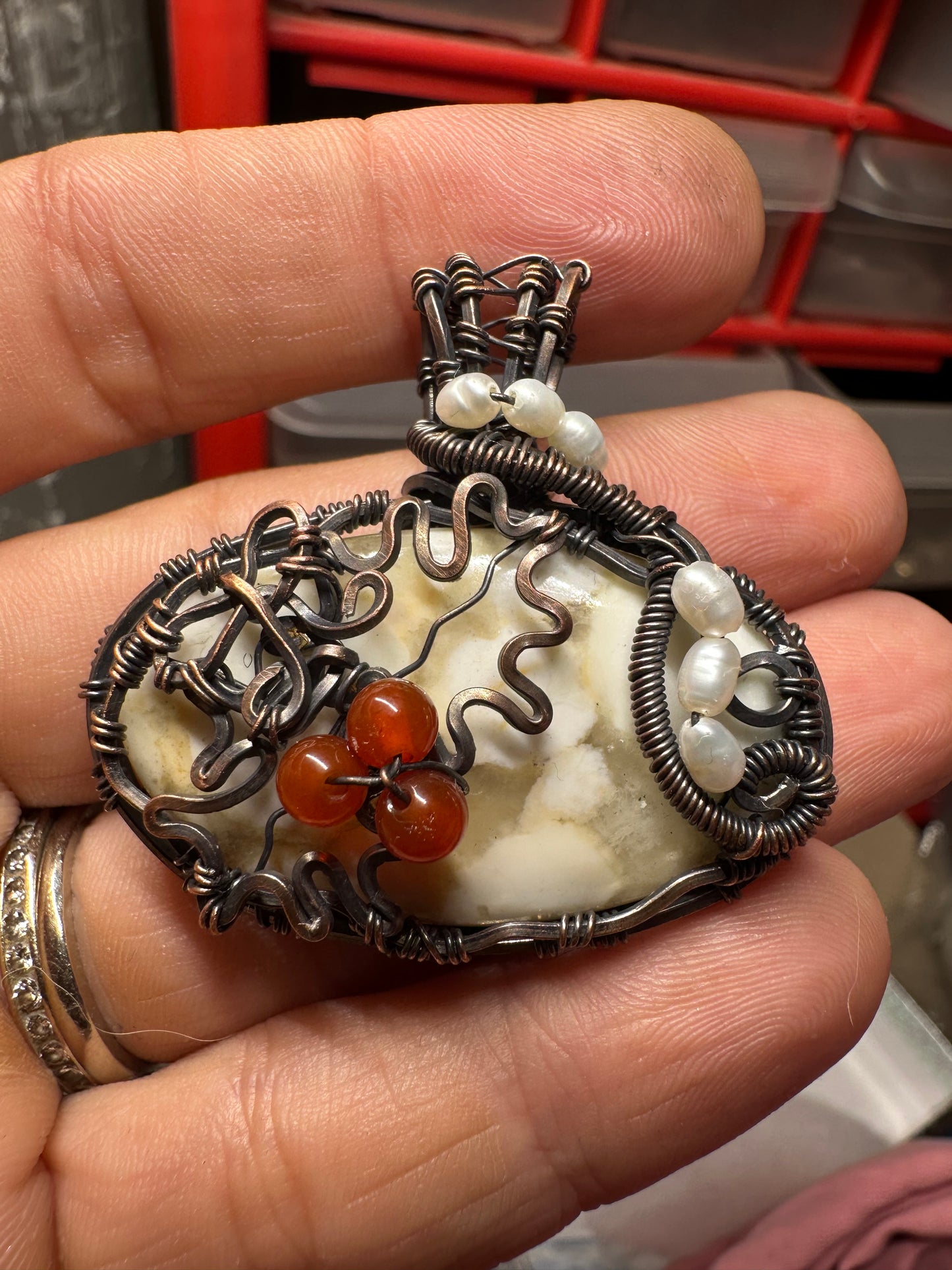 White agate mistletoe copper pendant