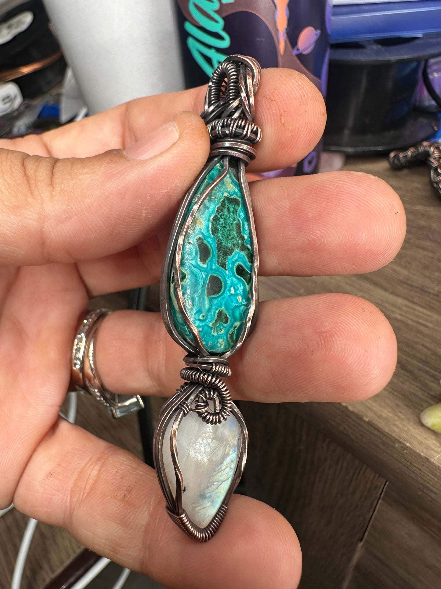 Chrysocolla and moonstone copper pendant