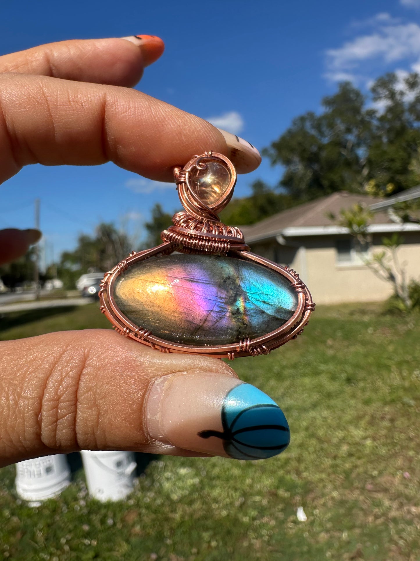 Spectrolite copper pendant