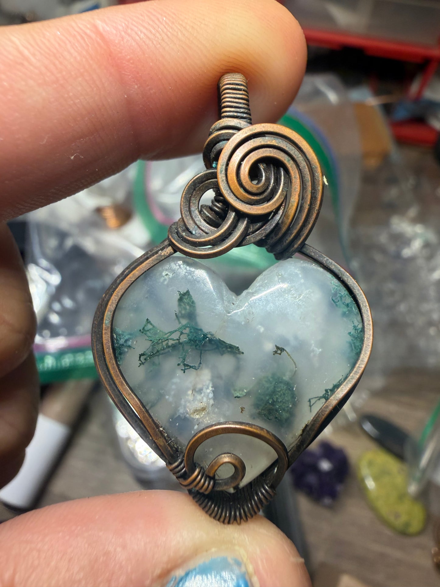 Moss agate copper heart pendant