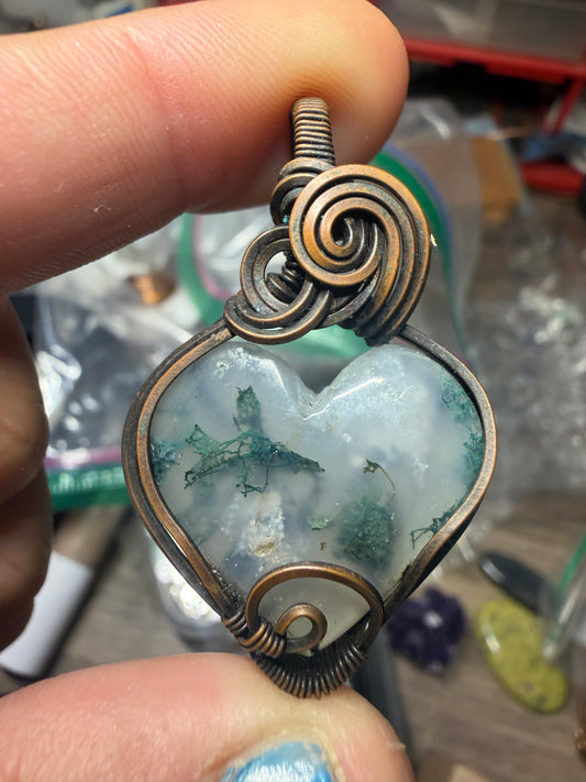 Moss agate copper heart pendant