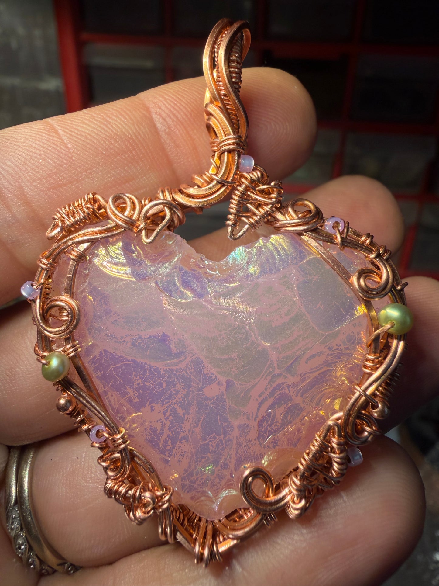 Aurora pink heart copper pendant