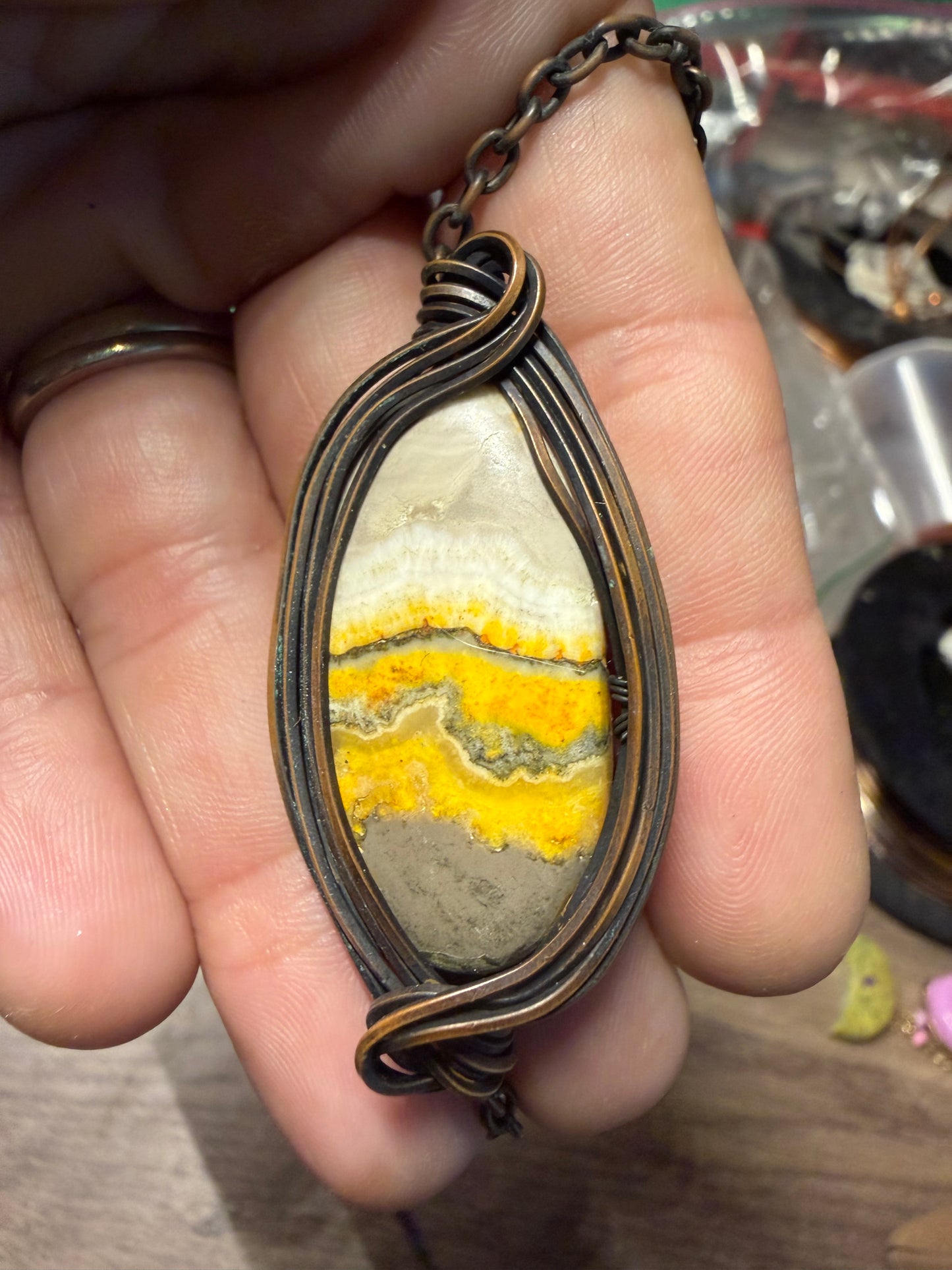 Bumble bee Jasper copper pendant